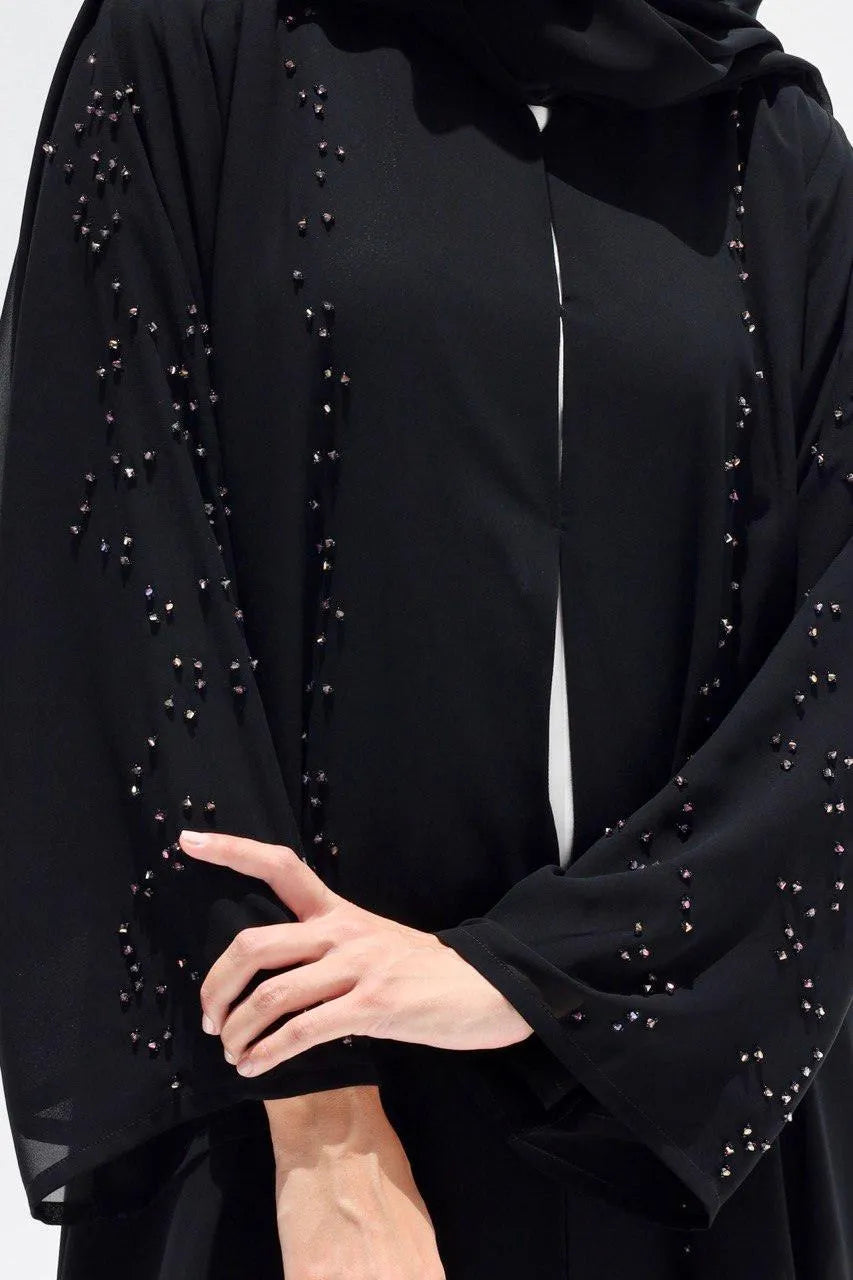 Black Chiffon Custom Abaya with Shiny Scattered Beadwork - Posh Abaya
