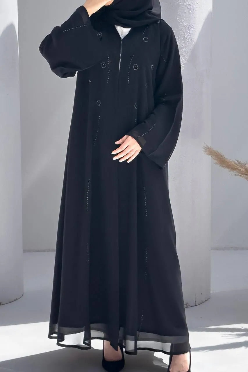 Black Chiffon Custom Abaya with Front Silver Beadwork - Posh Abaya