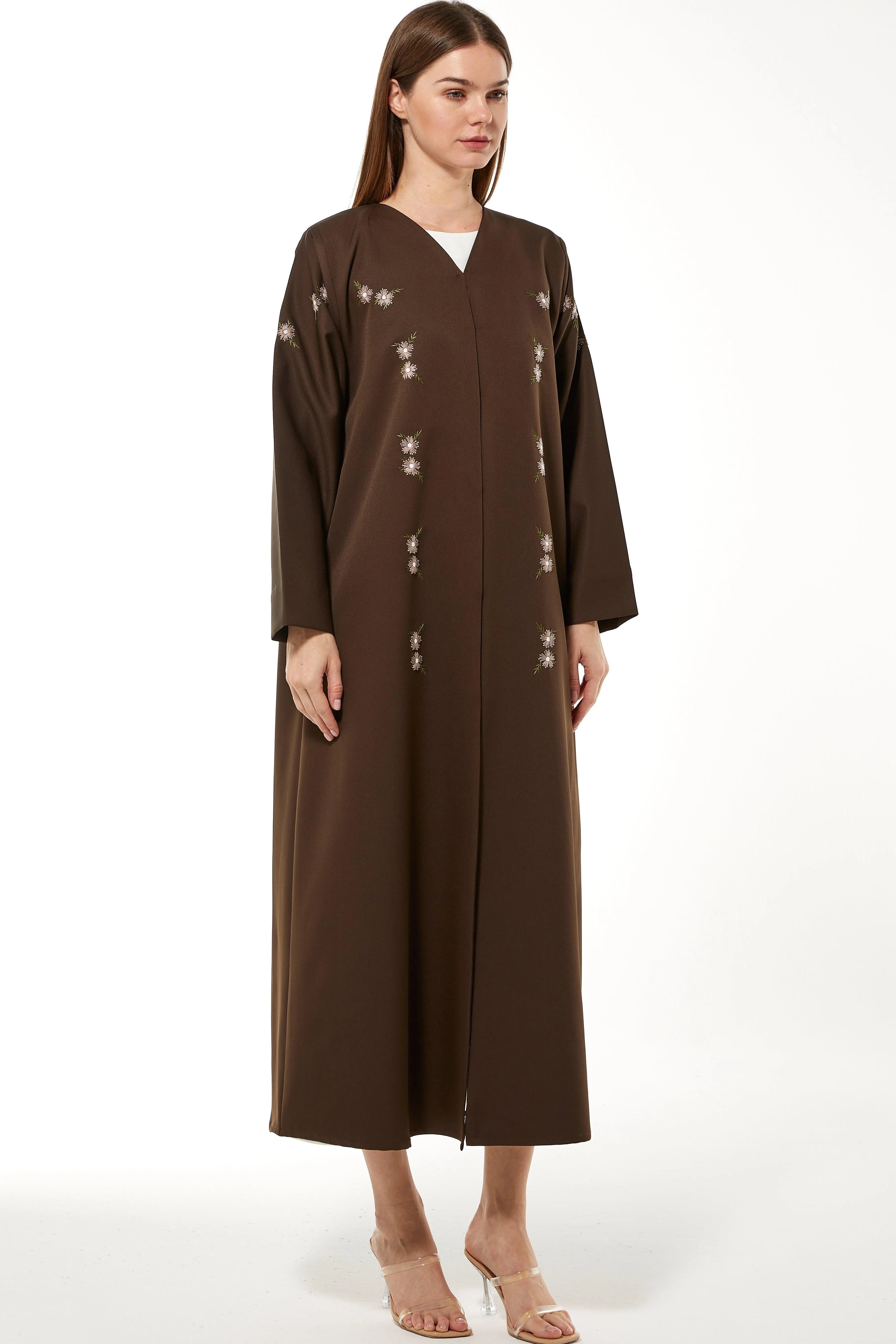 Brown Rochester Crepe Abaya with Front Floral Threadwork - Posh Abaya