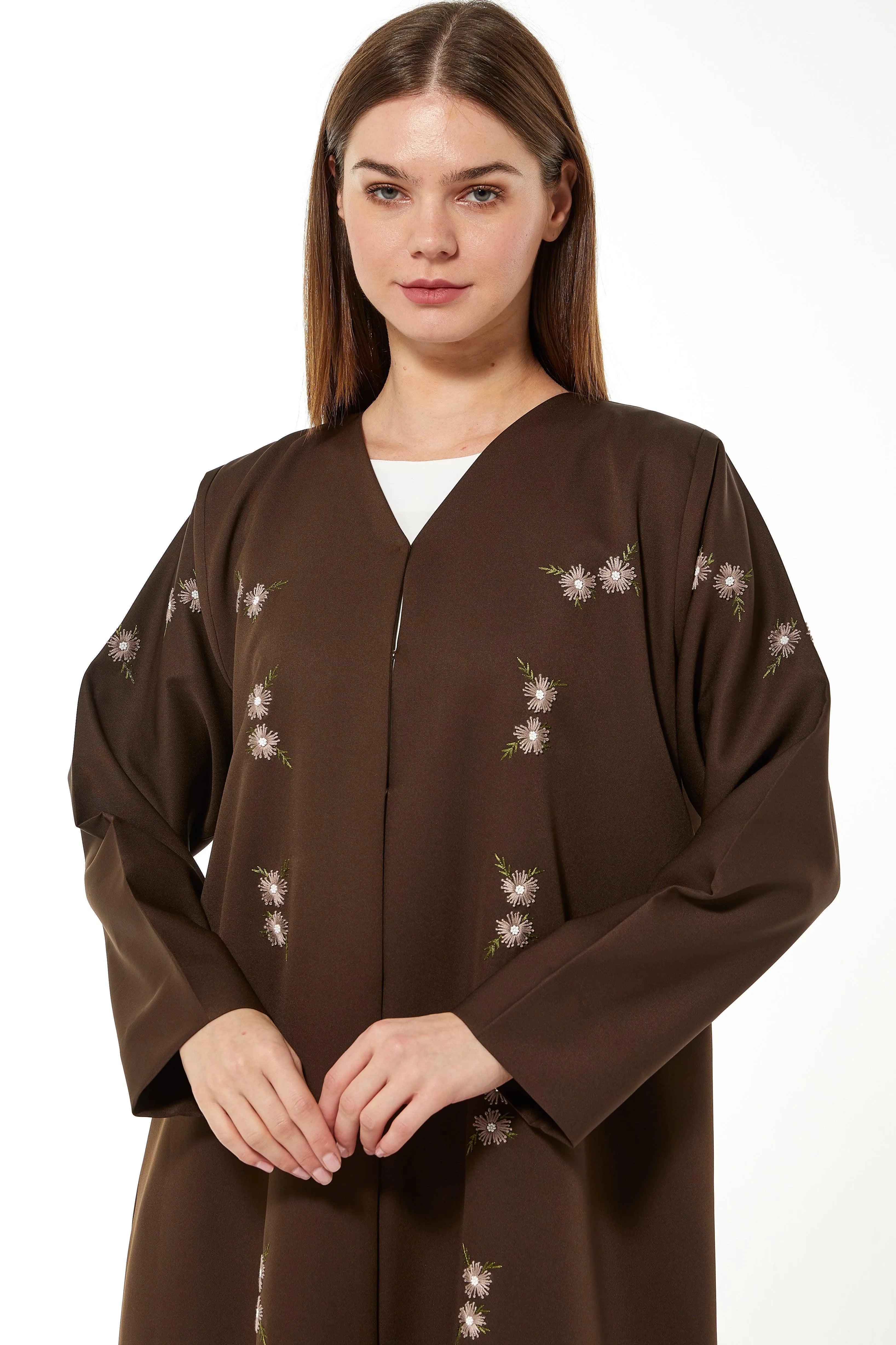Brown Rochester Crepe Abaya with Front Floral Threadwork - Posh Abaya