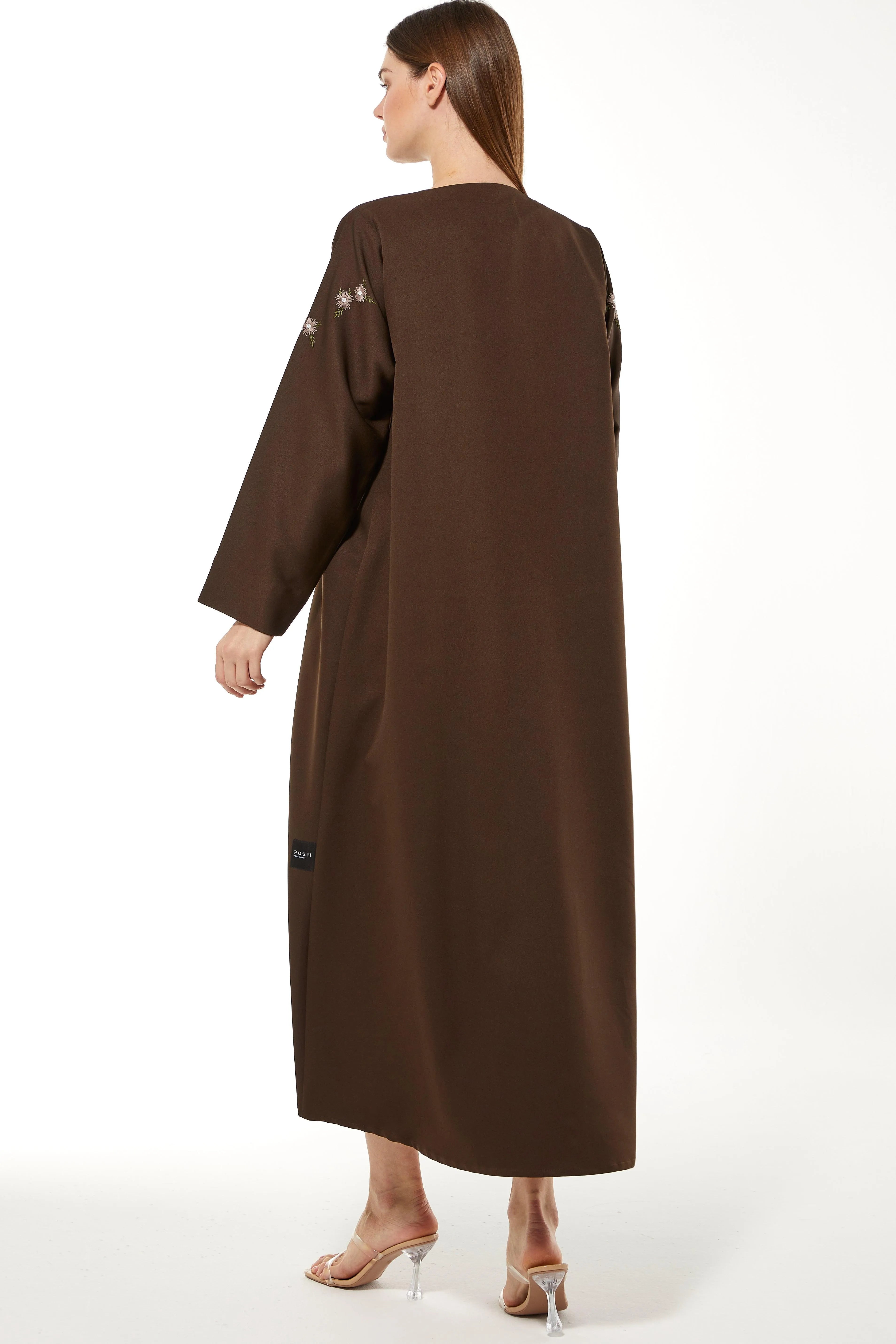 Brown Rochester Crepe Abaya with Front Floral Threadwork - Posh Abaya