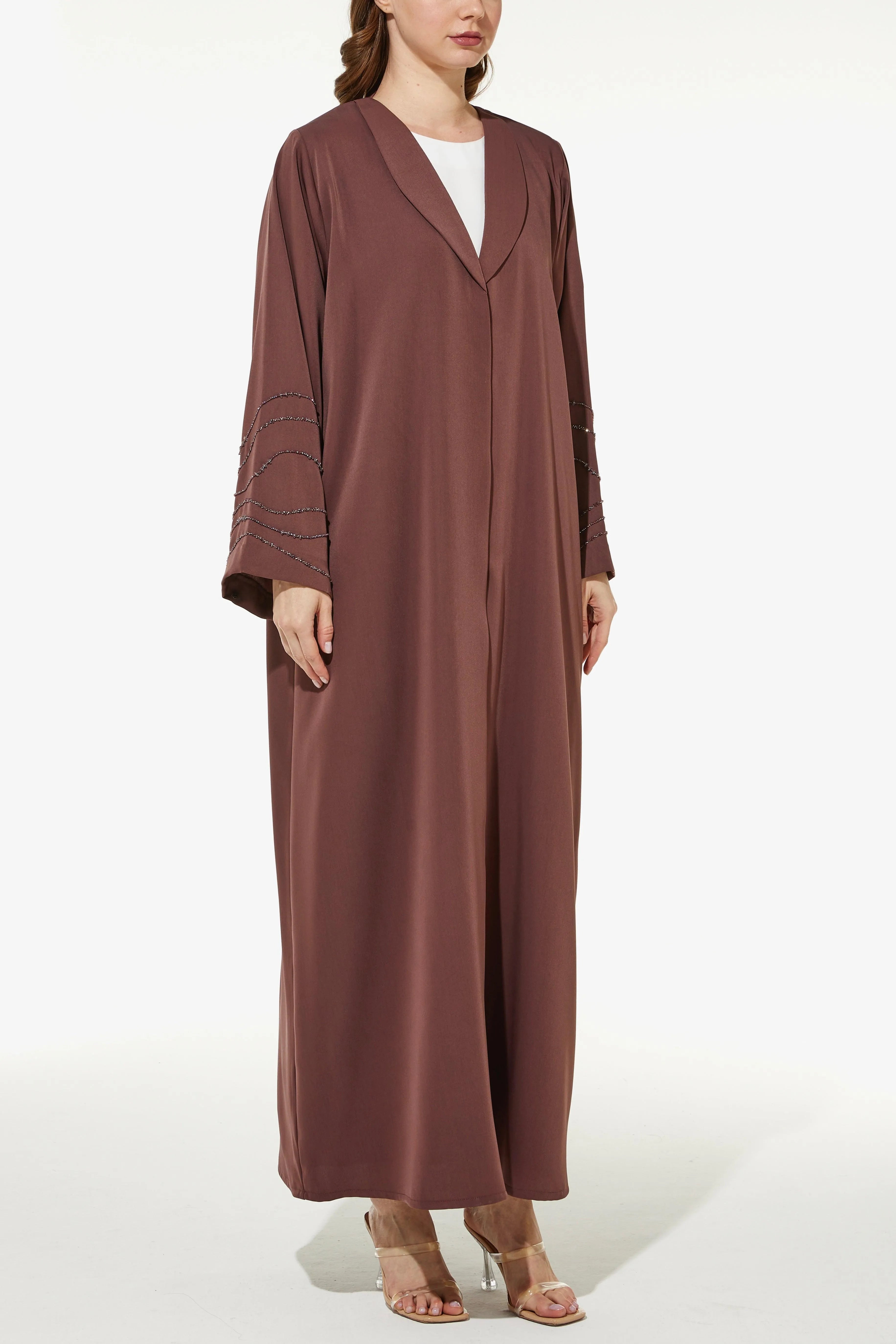 Brown Royal Crepe with Curve Beadwork on Sleeves - Posh Abaya