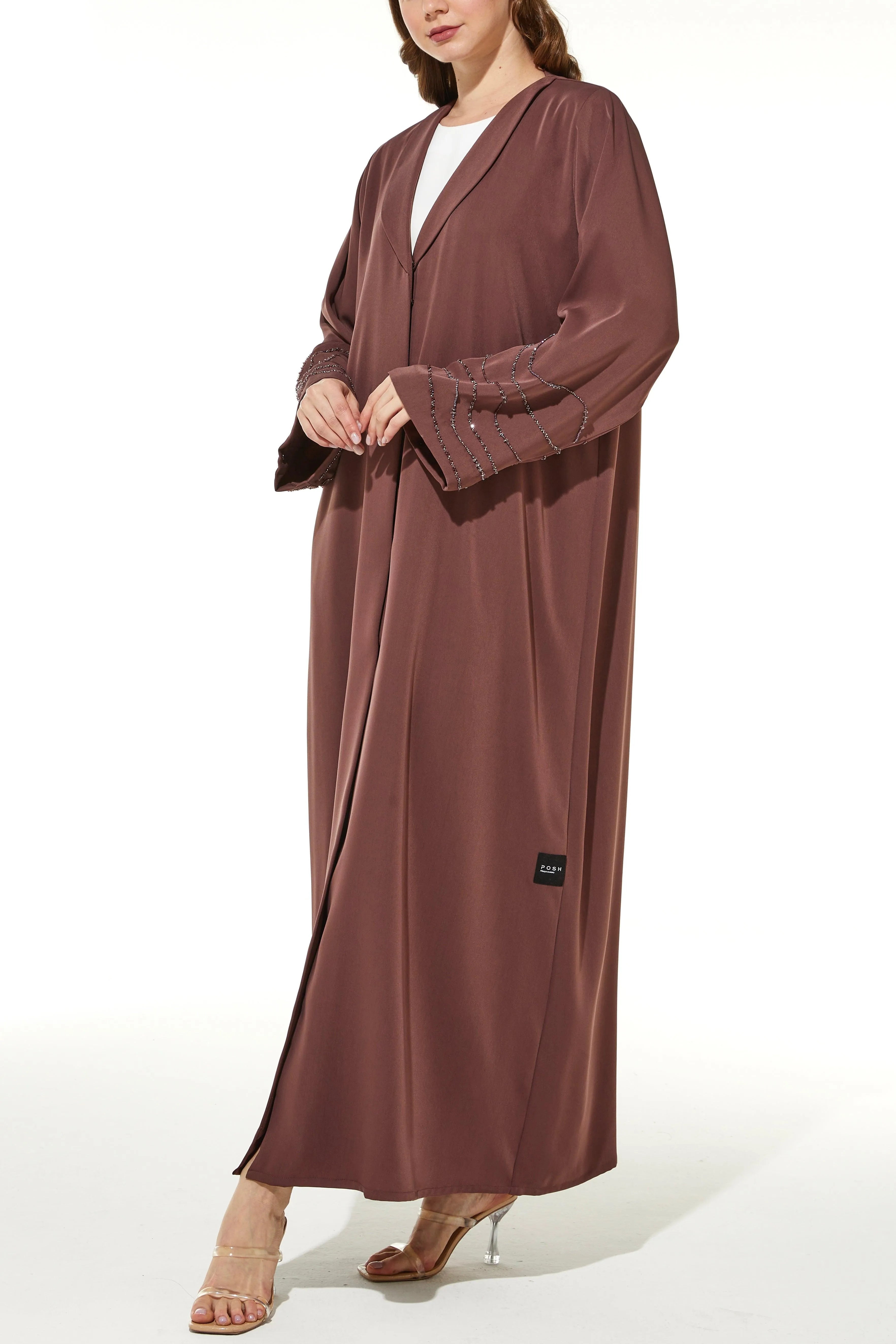 Brown Royal Crepe with Curve Beadwork on Sleeves - Posh Abaya