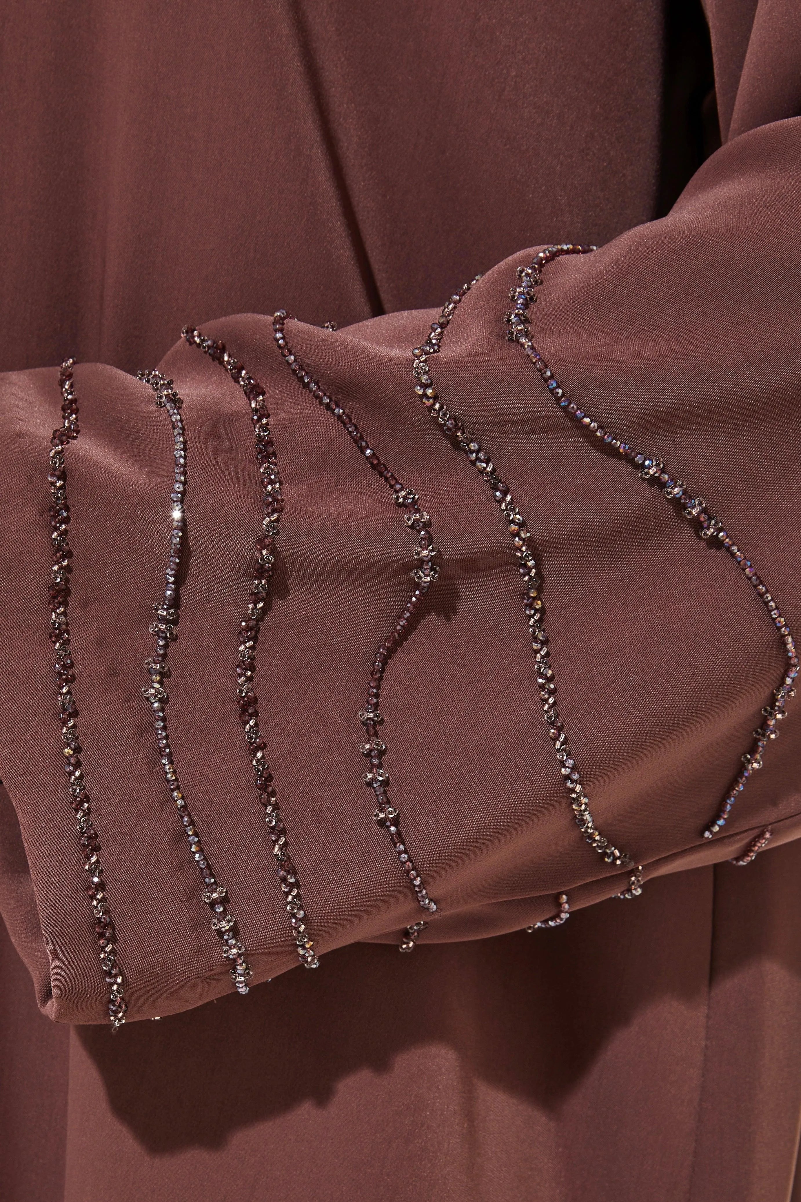 Brown Royal Crepe with Curve Beadwork on Sleeves - Posh Abaya