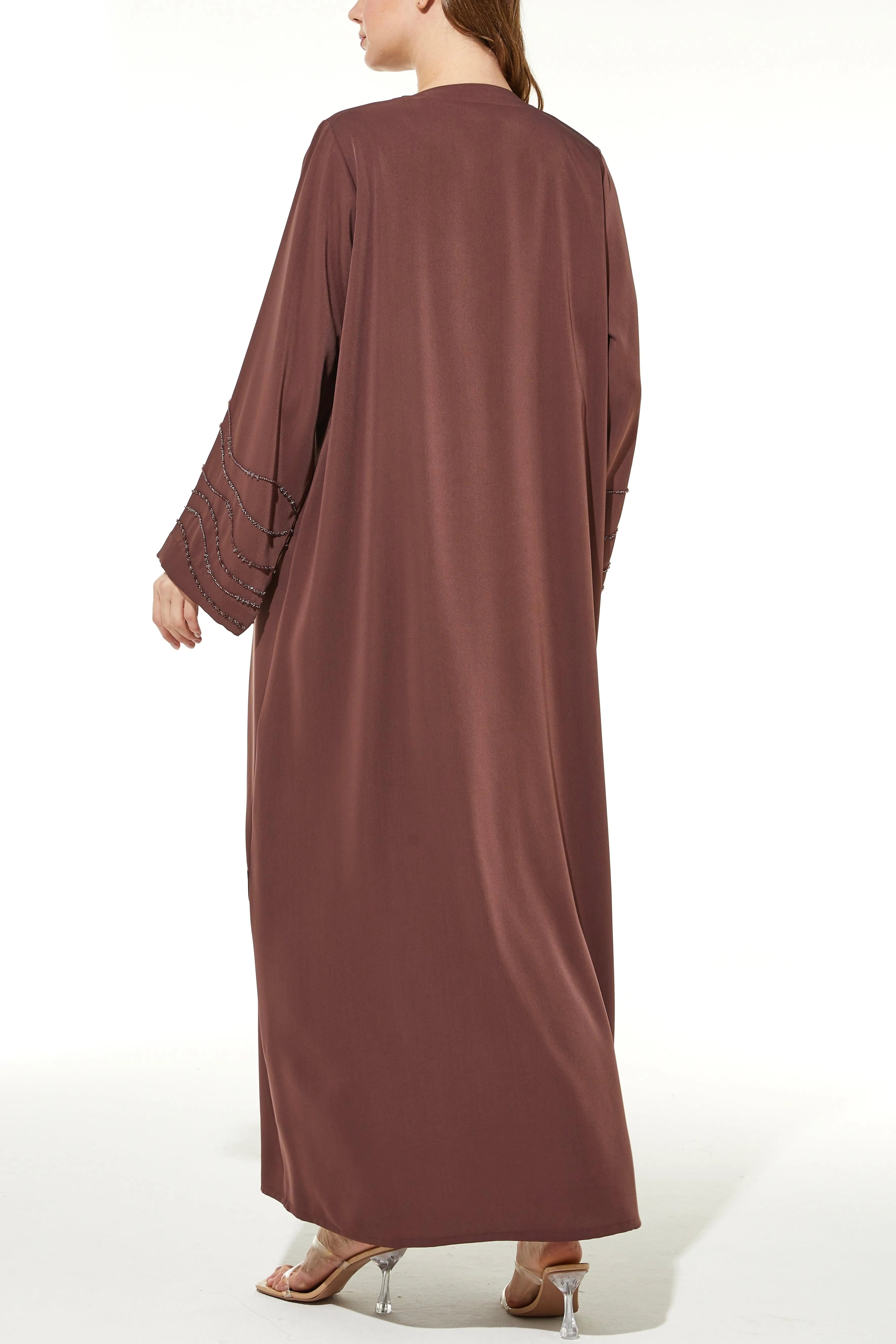 Brown Royal Crepe with Curve Beadwork on Sleeves - Posh Abaya