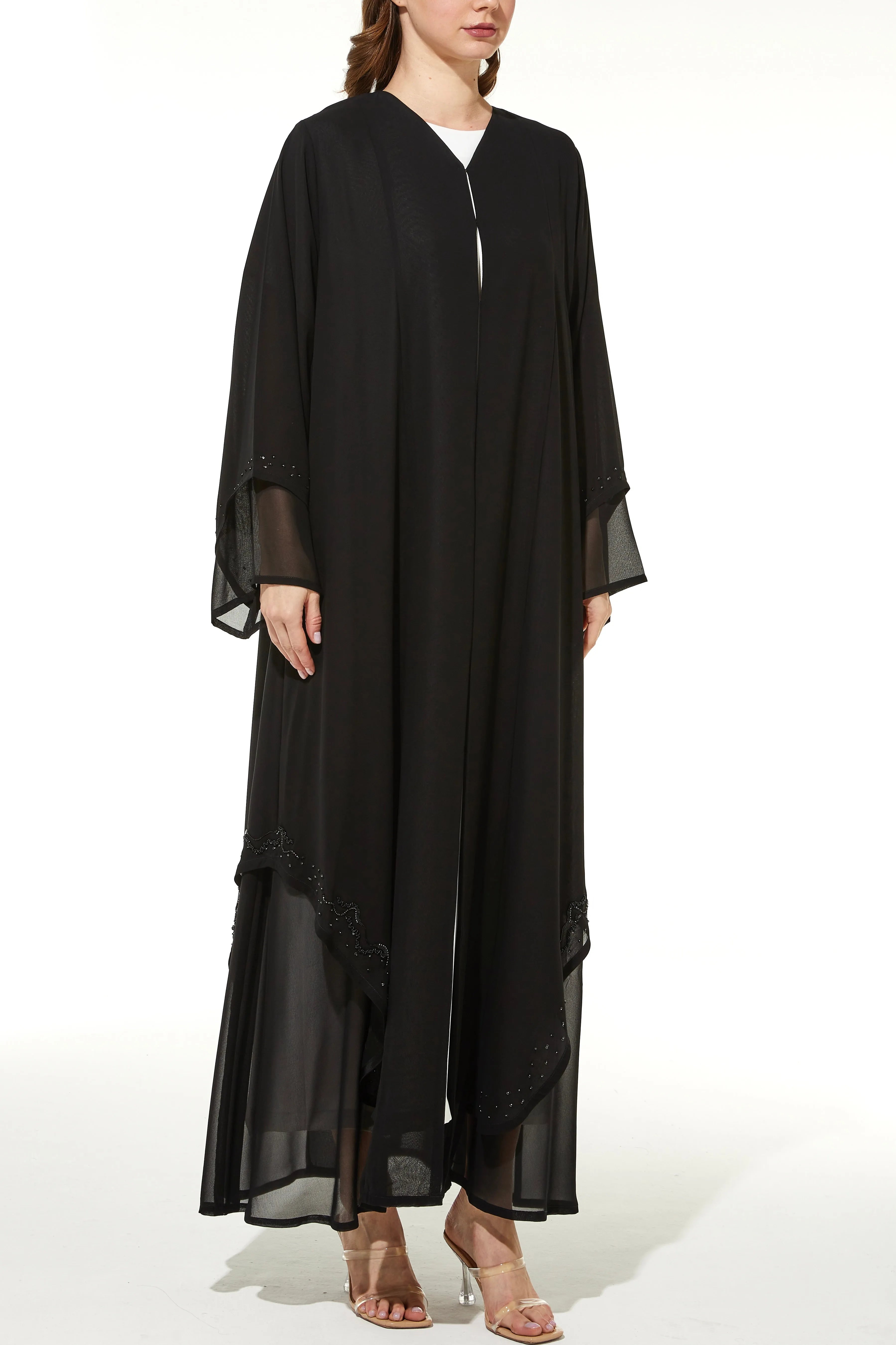 Layered Chiffon with Shiny Beads on Black Abaya - Posh Abaya
