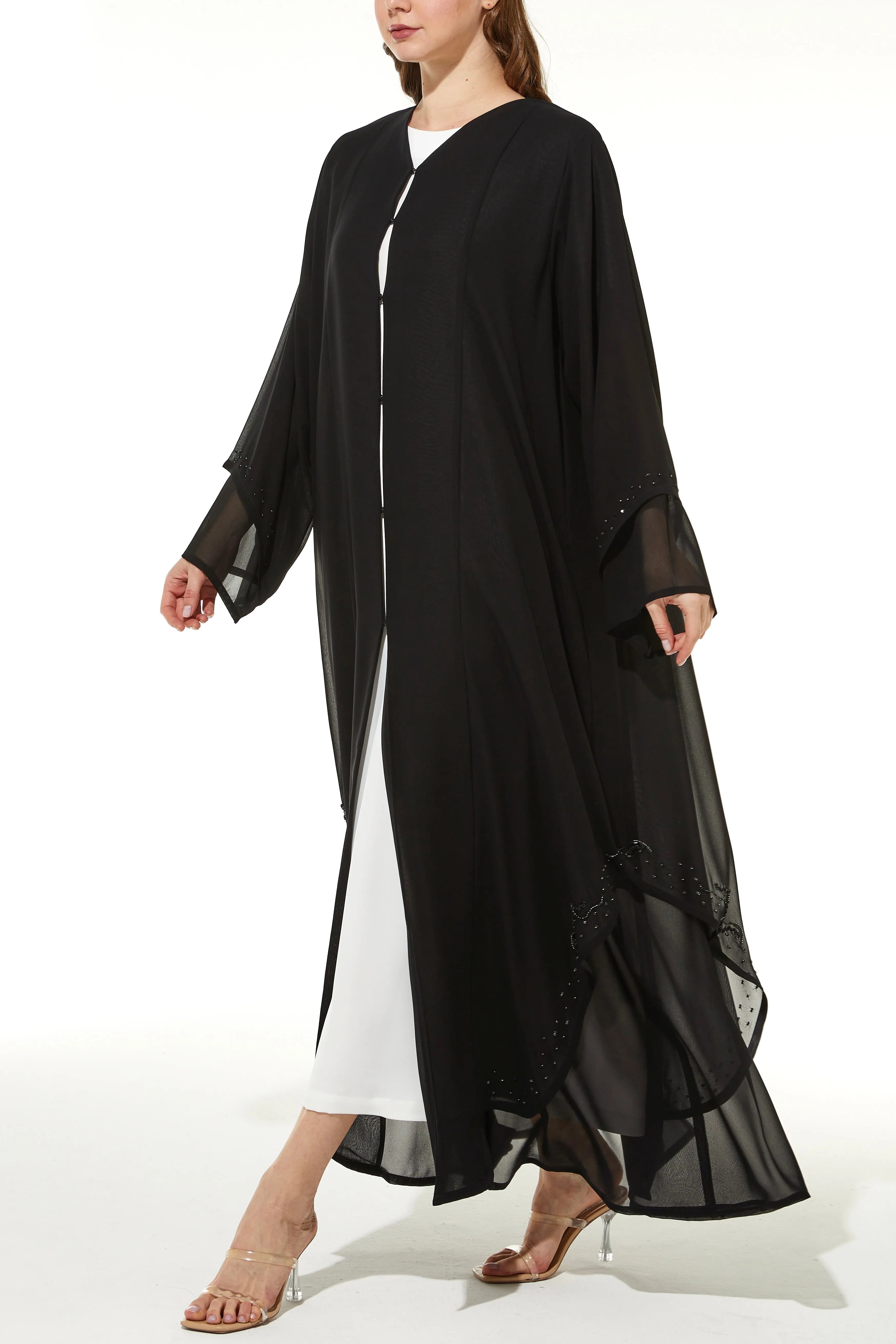 Layered Chiffon with Shiny Beads on Black Abaya - Posh Abaya