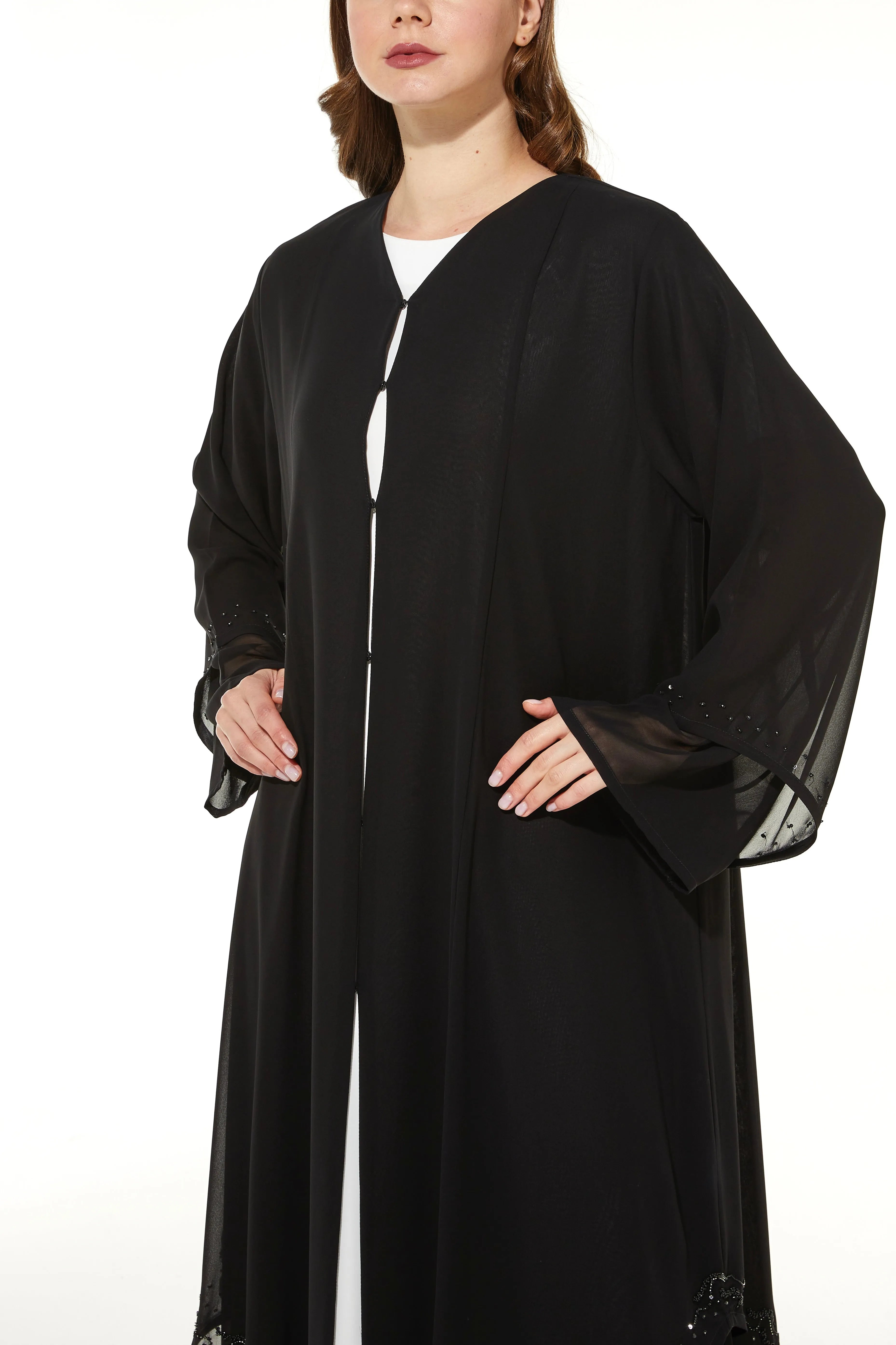 Layered Chiffon with Shiny Beads on Black Abaya - Posh Abaya