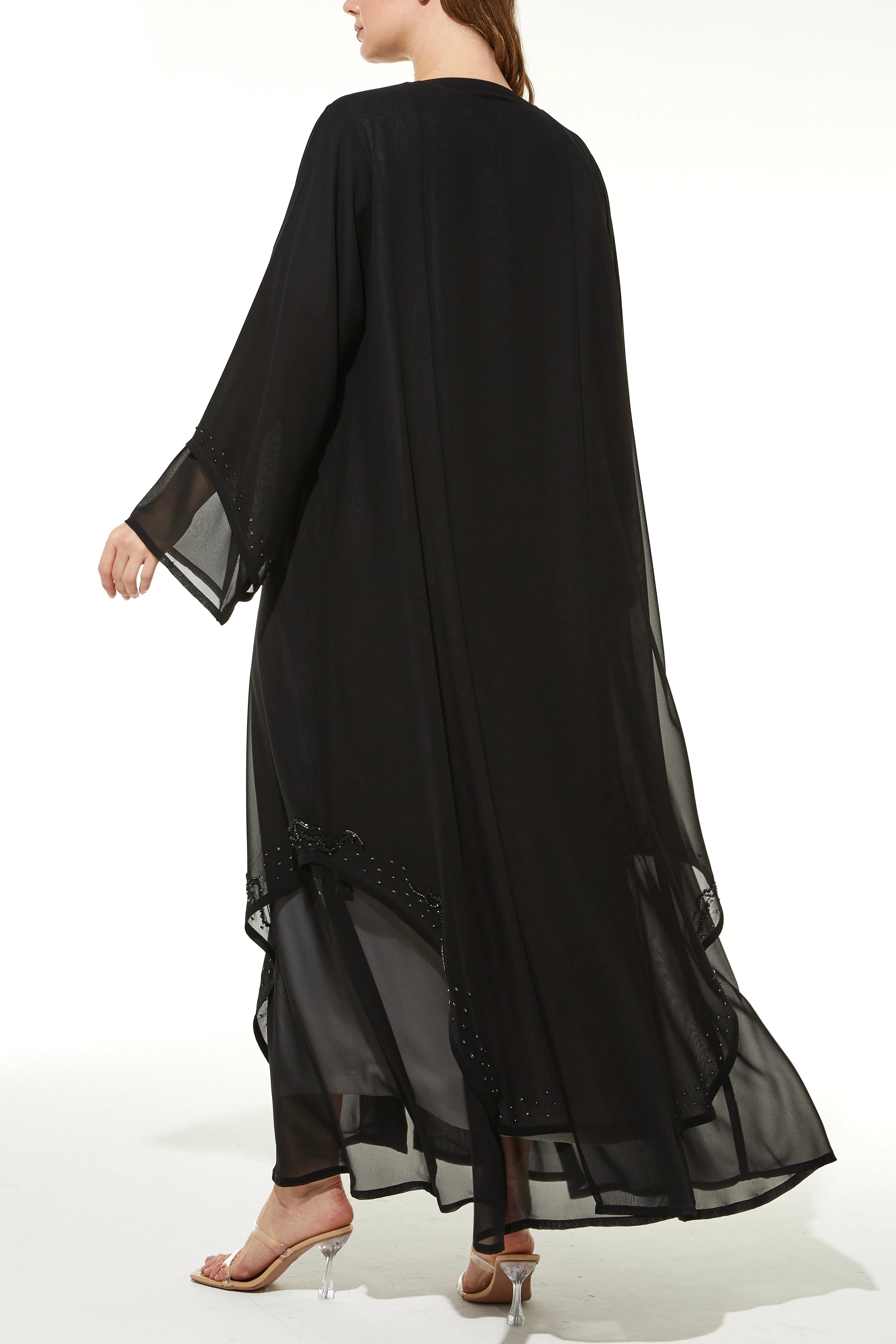 Layered Chiffon with Shiny Beads on Black Abaya - Posh Abaya