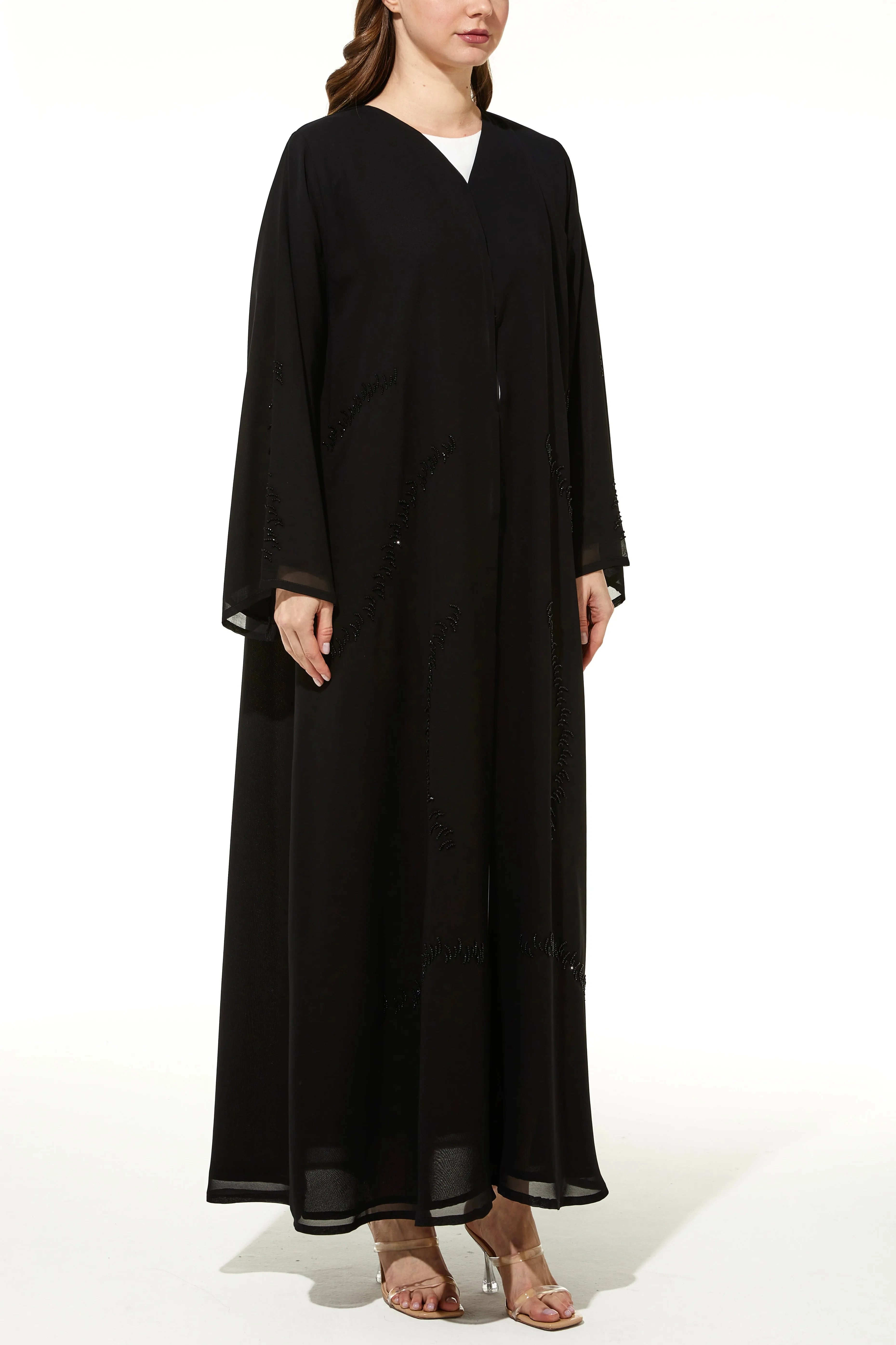 Arc Bead Flare Chiffon Black Abaya - Posh Abaya