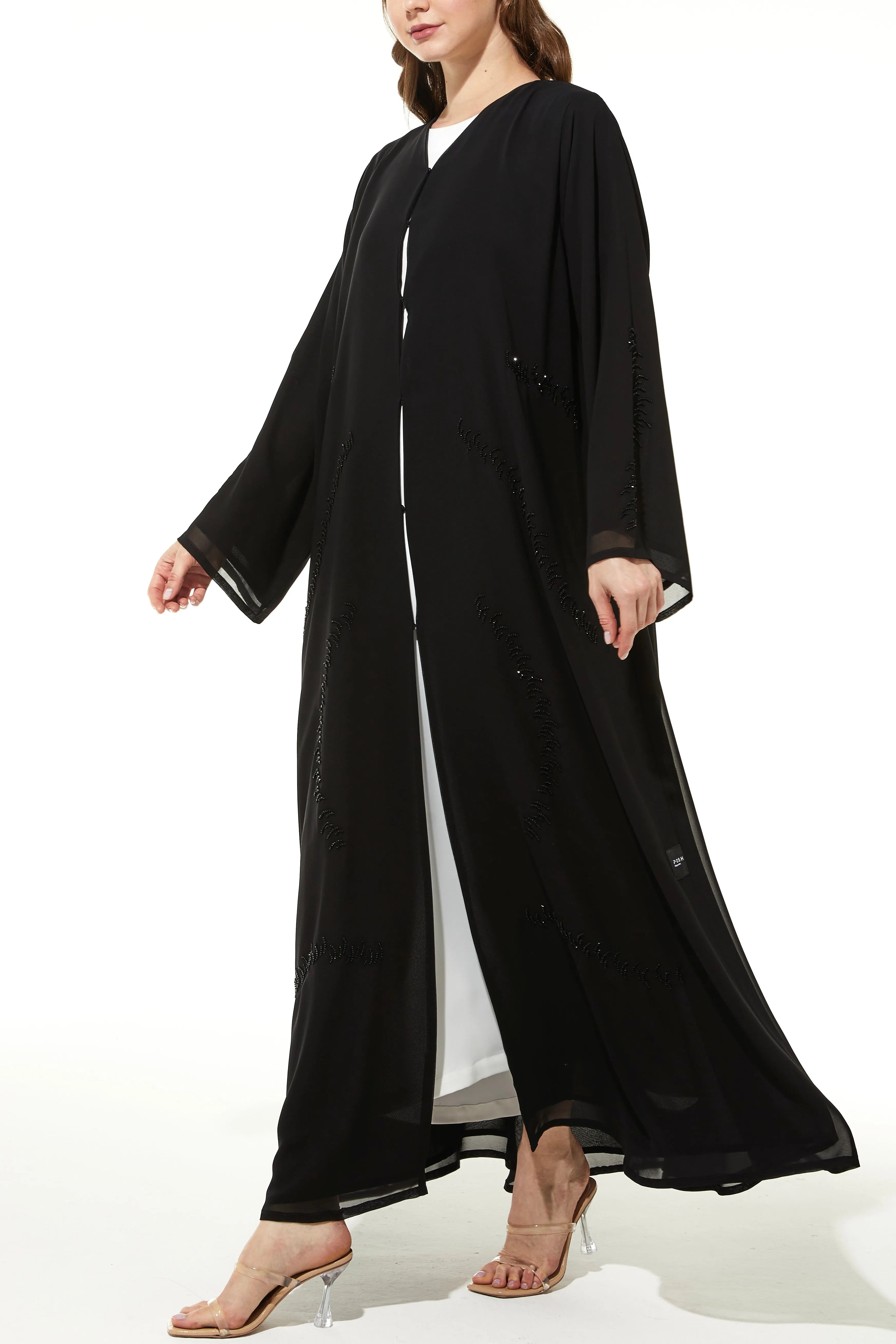 Arc Bead Flare Chiffon Black Abaya - Posh Abaya