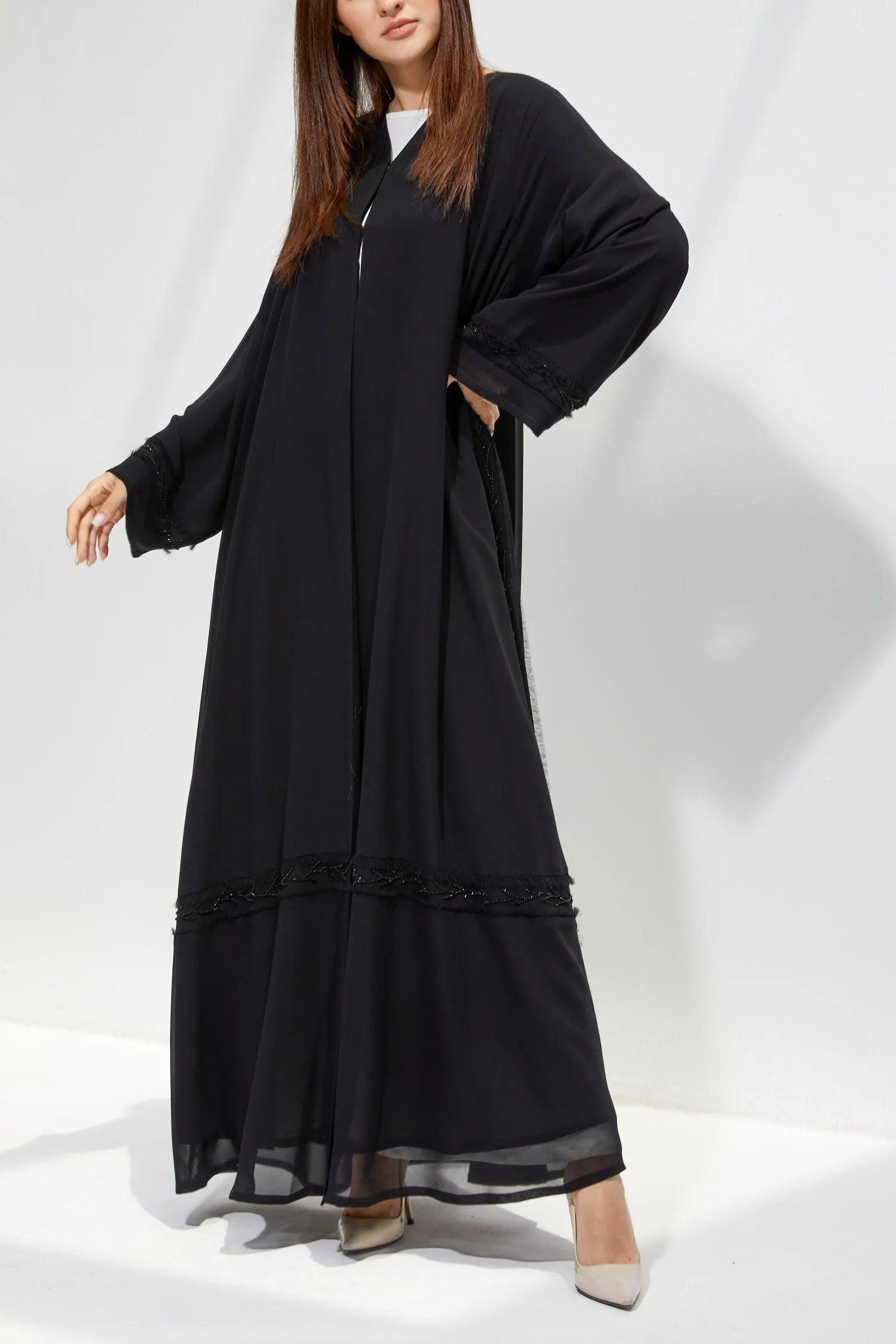 Black Chiffon Flared Custom Abaya with Front Cut and Beadwork - Posh Abaya