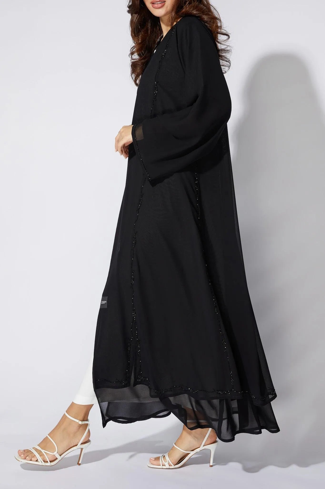 Black Chiffon Custom Abaya with Front Lines Beadwork - Posh Abaya
