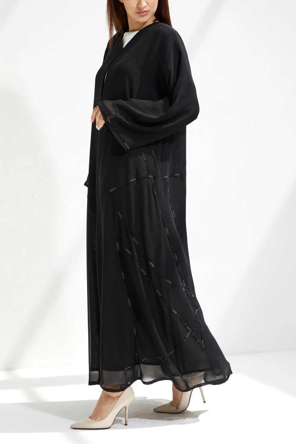 Black Chiffon Flared Custom Abaya with Side Black & Silver Beadwork - Posh Abaya
