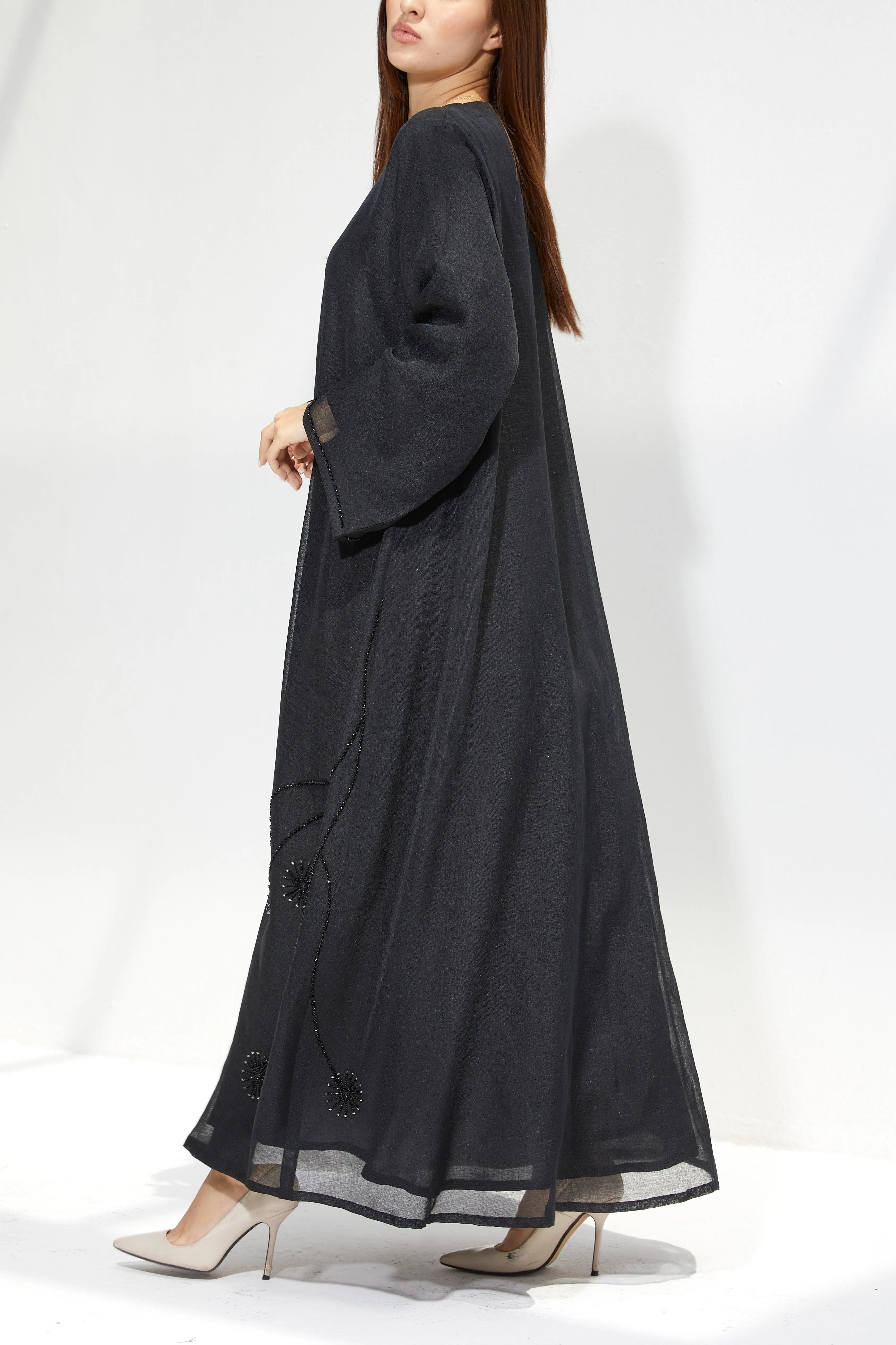 Black Organza Custom Abaya with Floral Beadwork - Posh Abaya