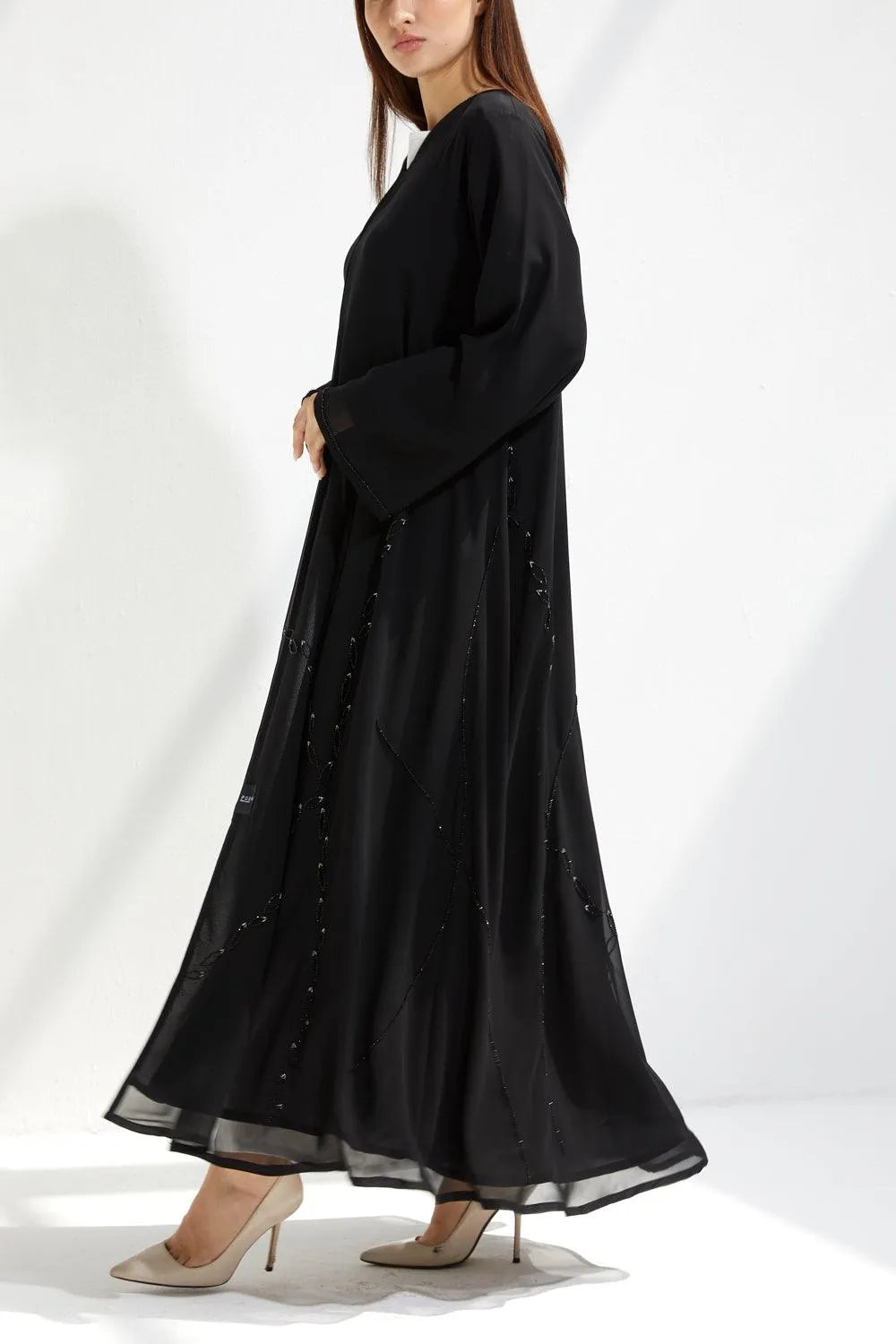 Black Chiffon Custom Abaya with Front Abstract Petals Beadwork - Posh Abaya