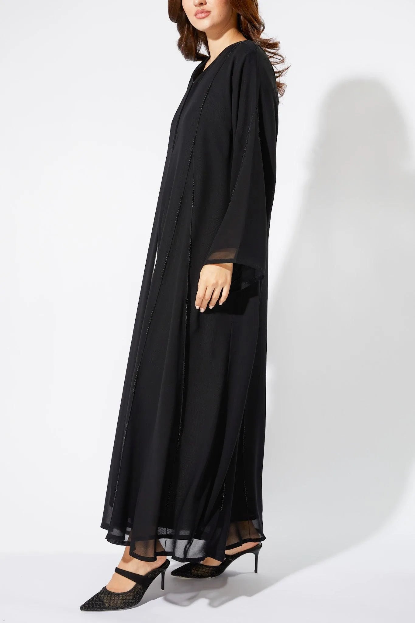 Black Chiffon Flared Custom Abaya with Beaded Pintux - Posh Abaya