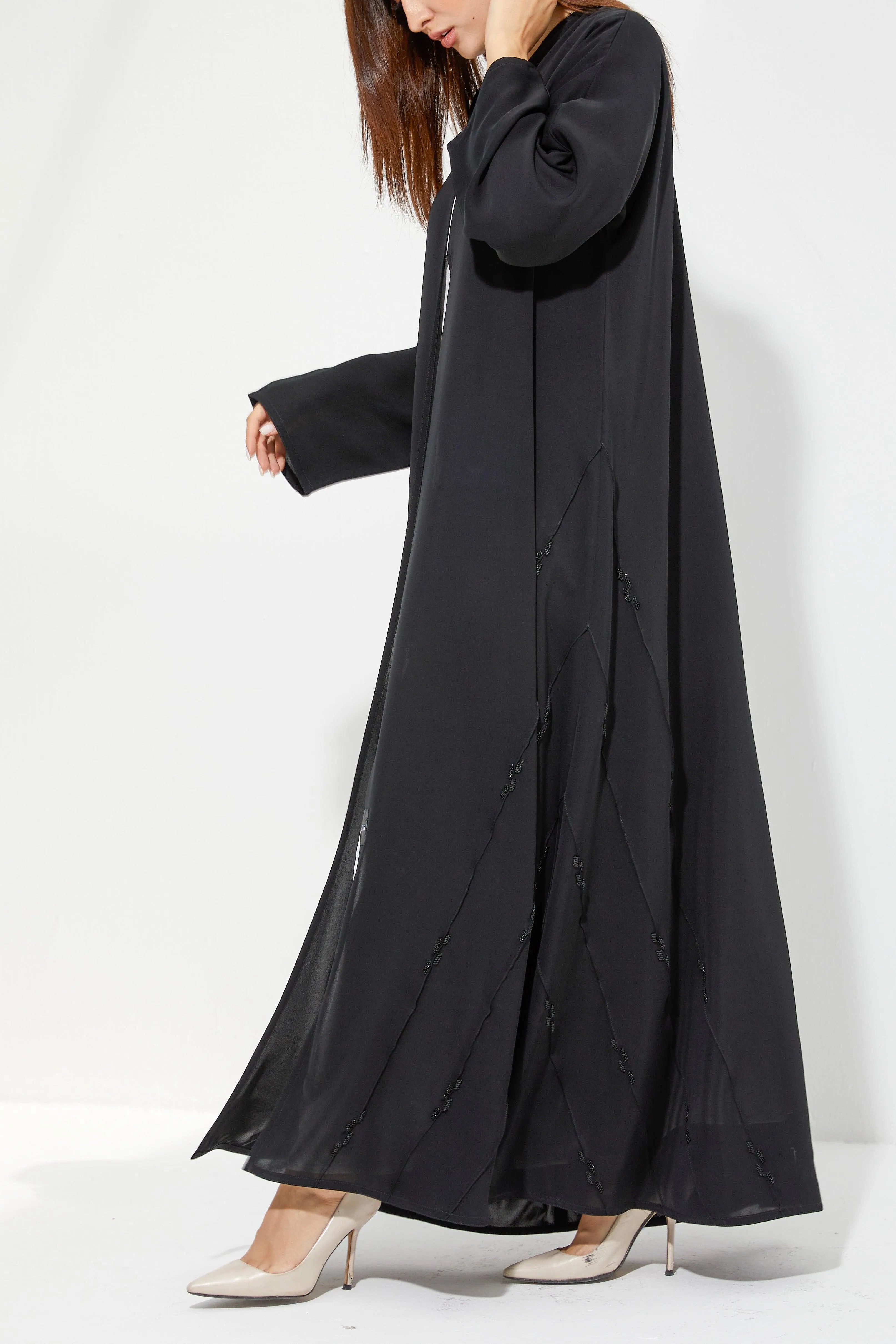Black Nada Flared Custom Abaya with Side Pintux and Simple Beadwork - Posh Abaya