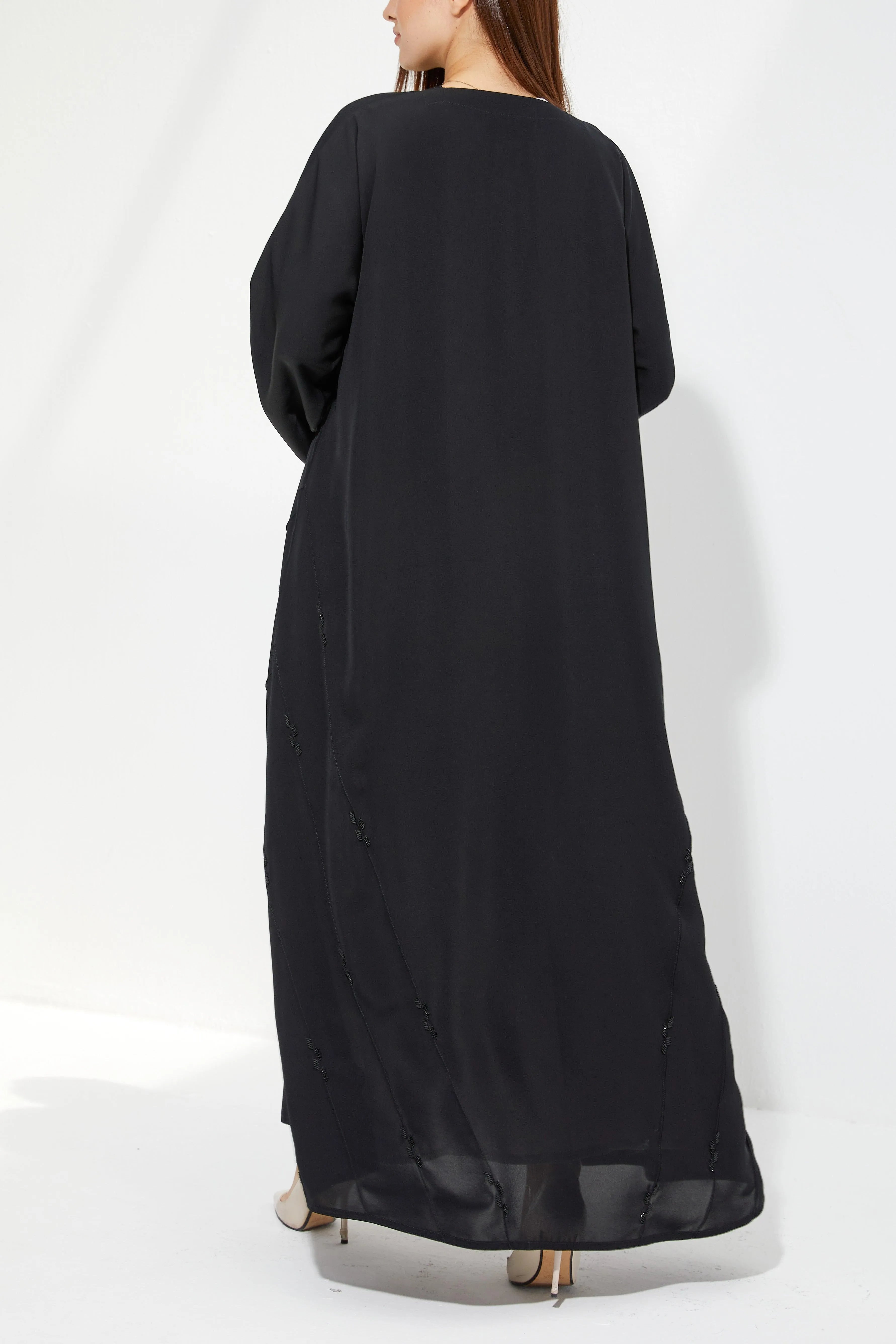 Black Nada Flared Custom Abaya with Side Pintux and Simple Beadwork - Posh Abaya