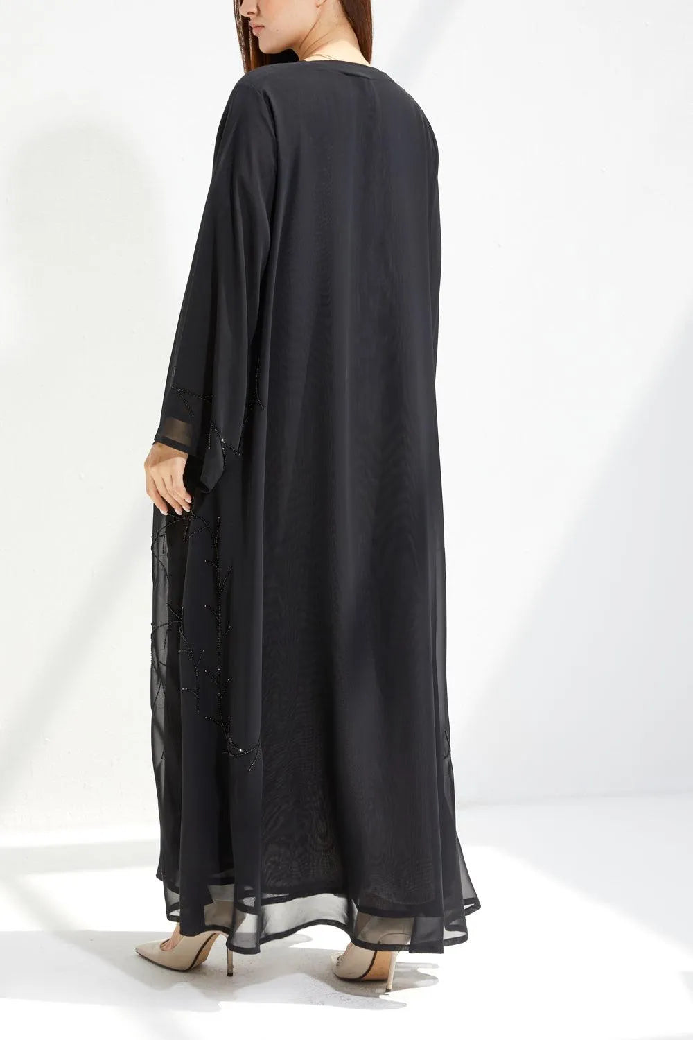 Black Chiffon Flared Custom Abaya with Semi-floral Beadwork - Posh Abaya
