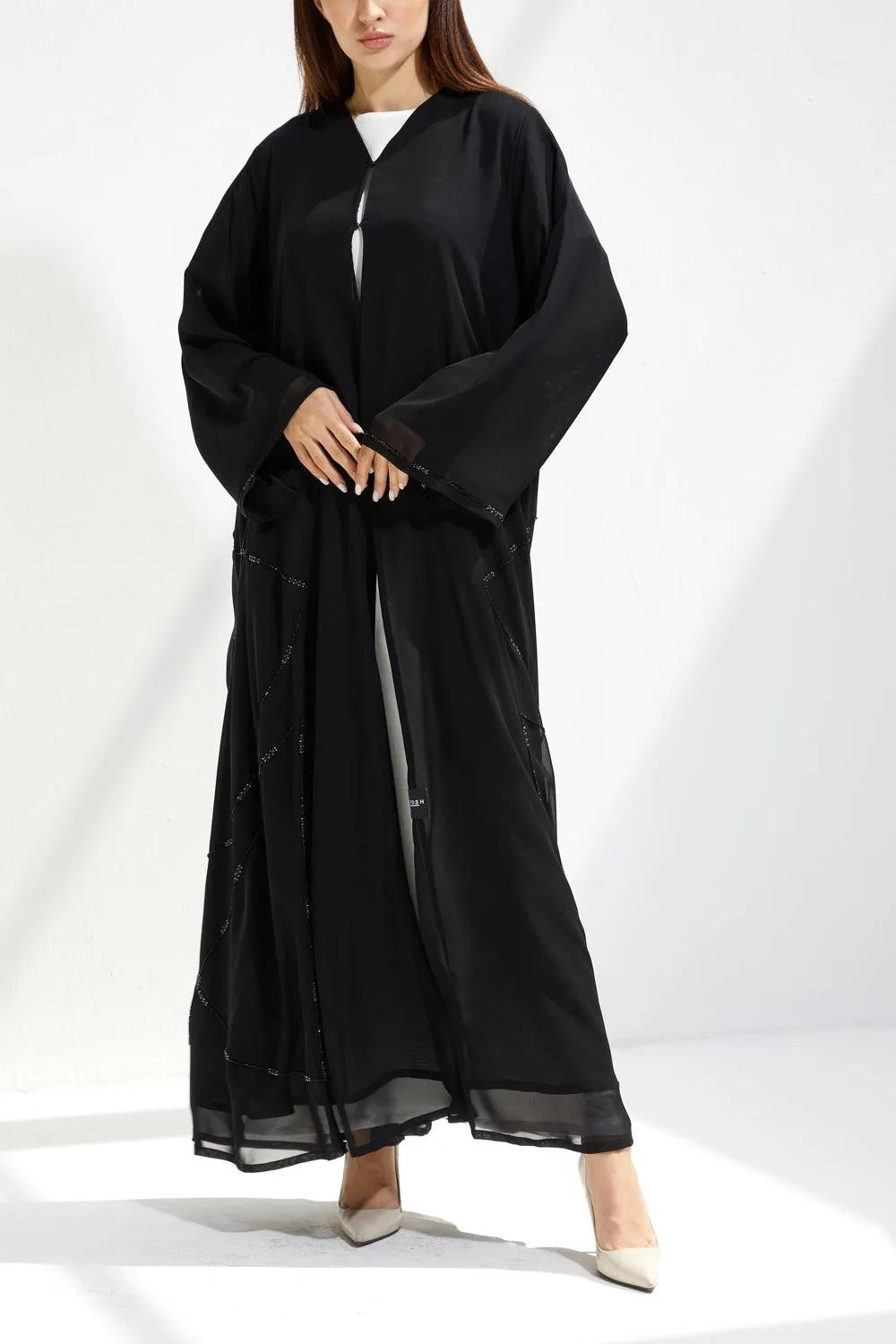 Black Chiffon Flared Custom Abaya with Side Black & Silver Beadwork - Posh Abaya