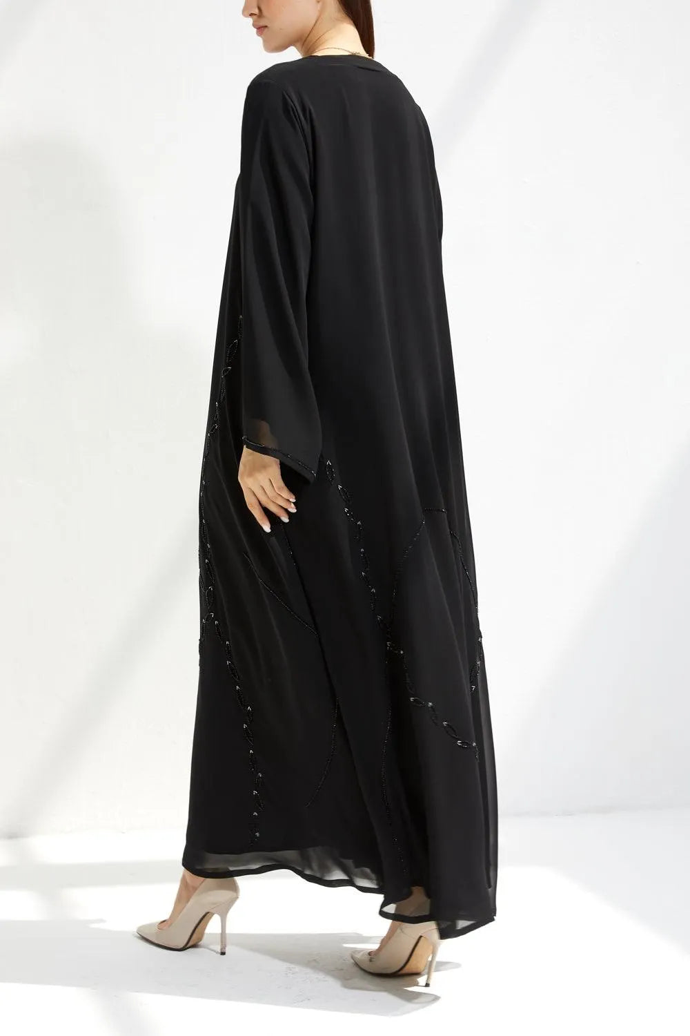Black Chiffon Custom Abaya with Front Abstract Petals Beadwork - Posh Abaya