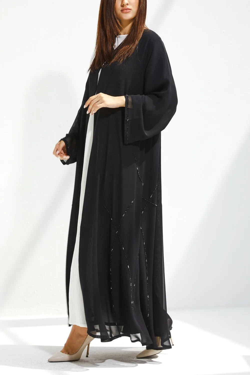 Black Chiffon Flared Custom Abaya with Side Black & Silver Beadwork - Posh Abaya