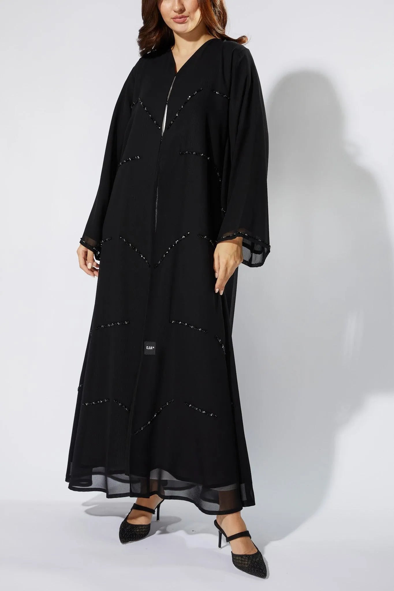 Black Chiffon Custom Abaya with Front Black Beadwork - Posh Abaya