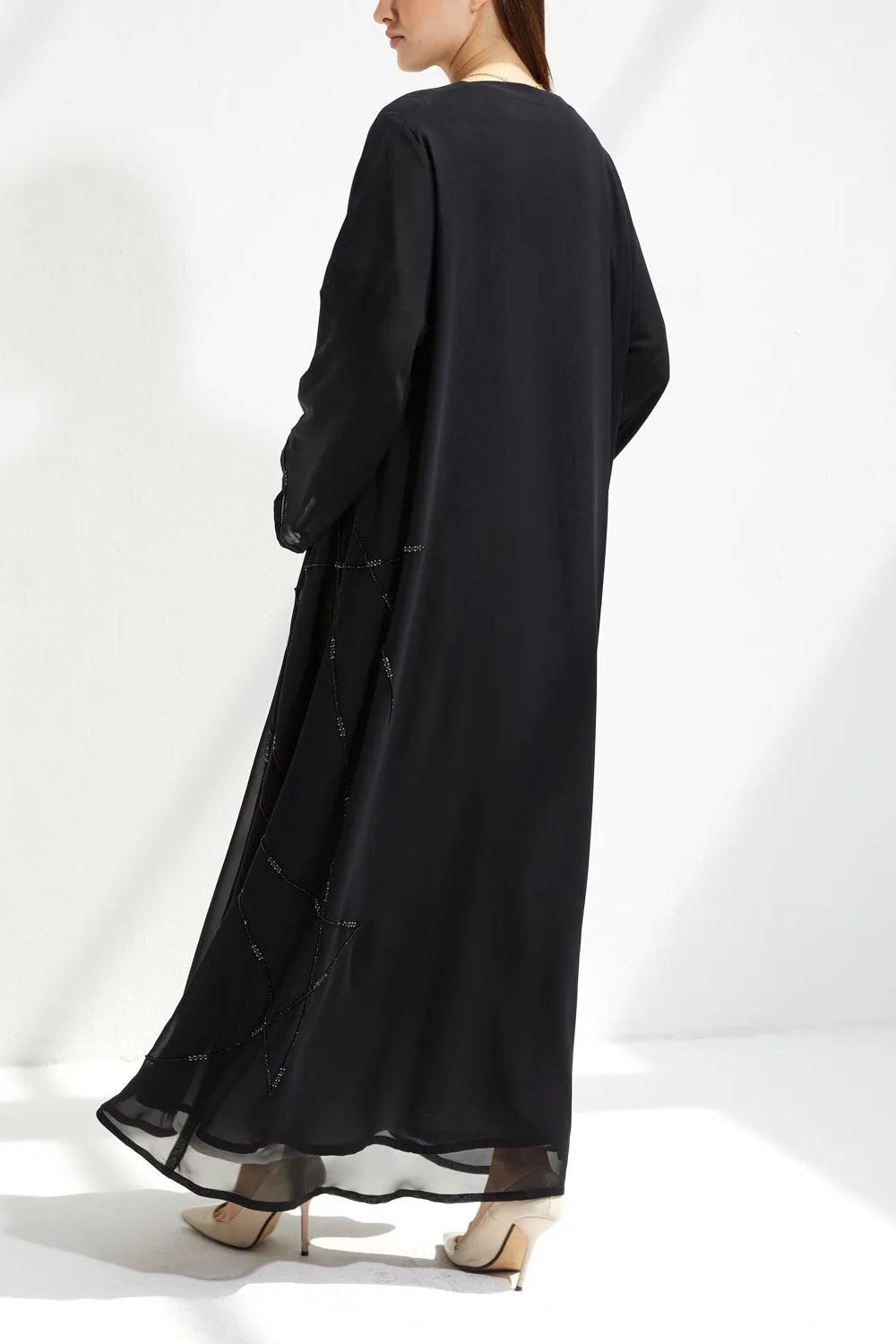 Black Chiffon Flared Custom Abaya with Side Black & Silver Beadwork - Posh Abaya