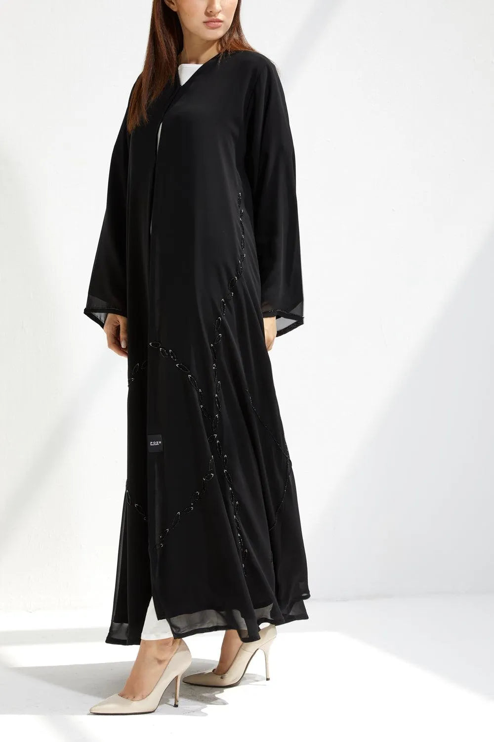 Black Chiffon Custom Abaya with Front Abstract Petals Beadwork - Posh Abaya