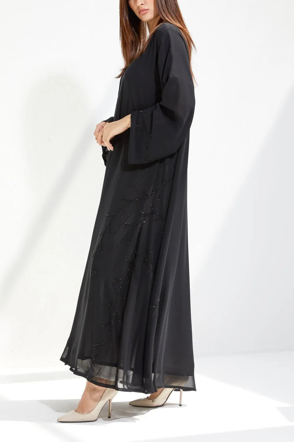 Black Chiffon Flared Custom Abaya with Semi-floral Beadwork - Posh Abaya