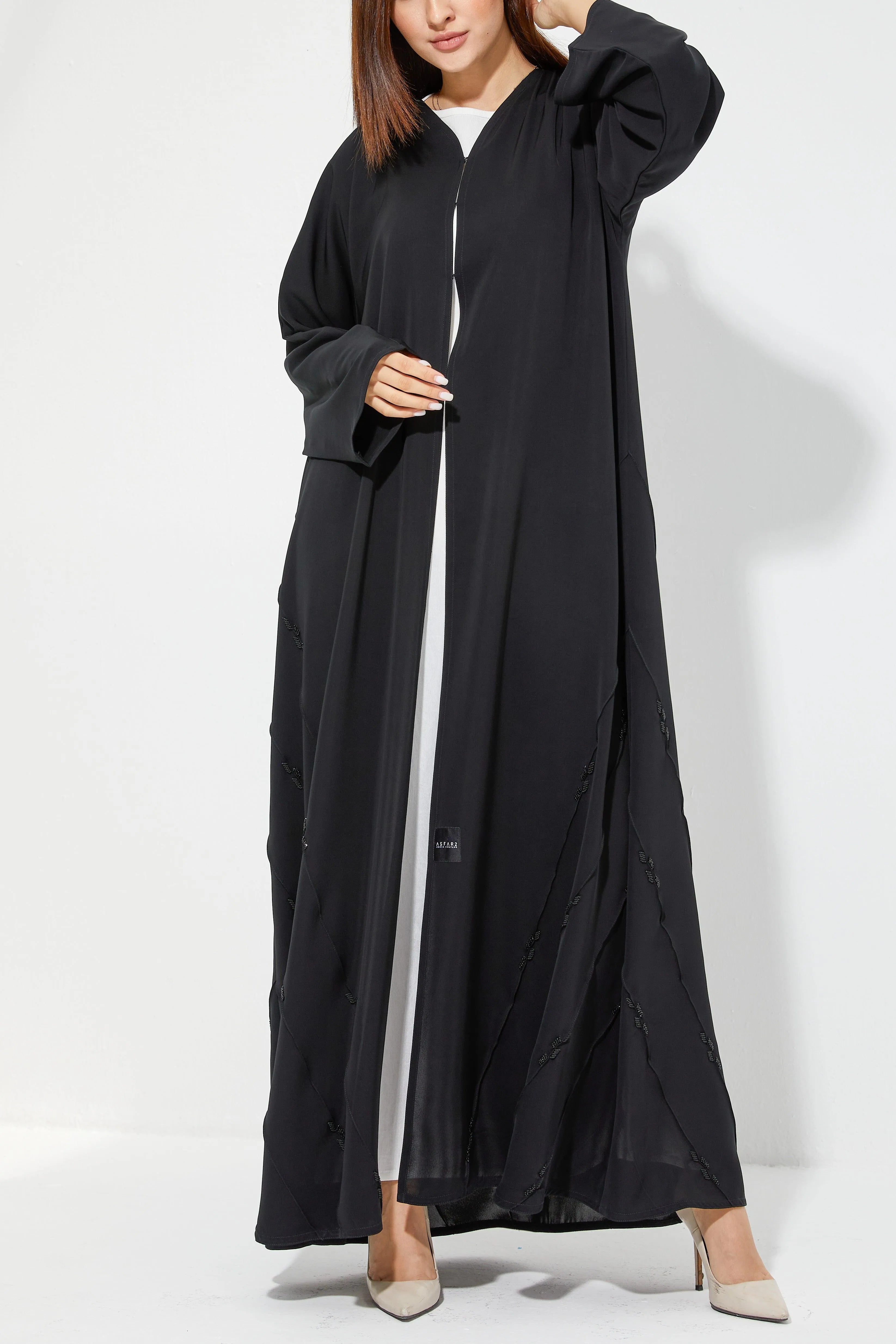 Black Nada Flared Custom Abaya with Side Pintux and Simple Beadwork - Posh Abaya
