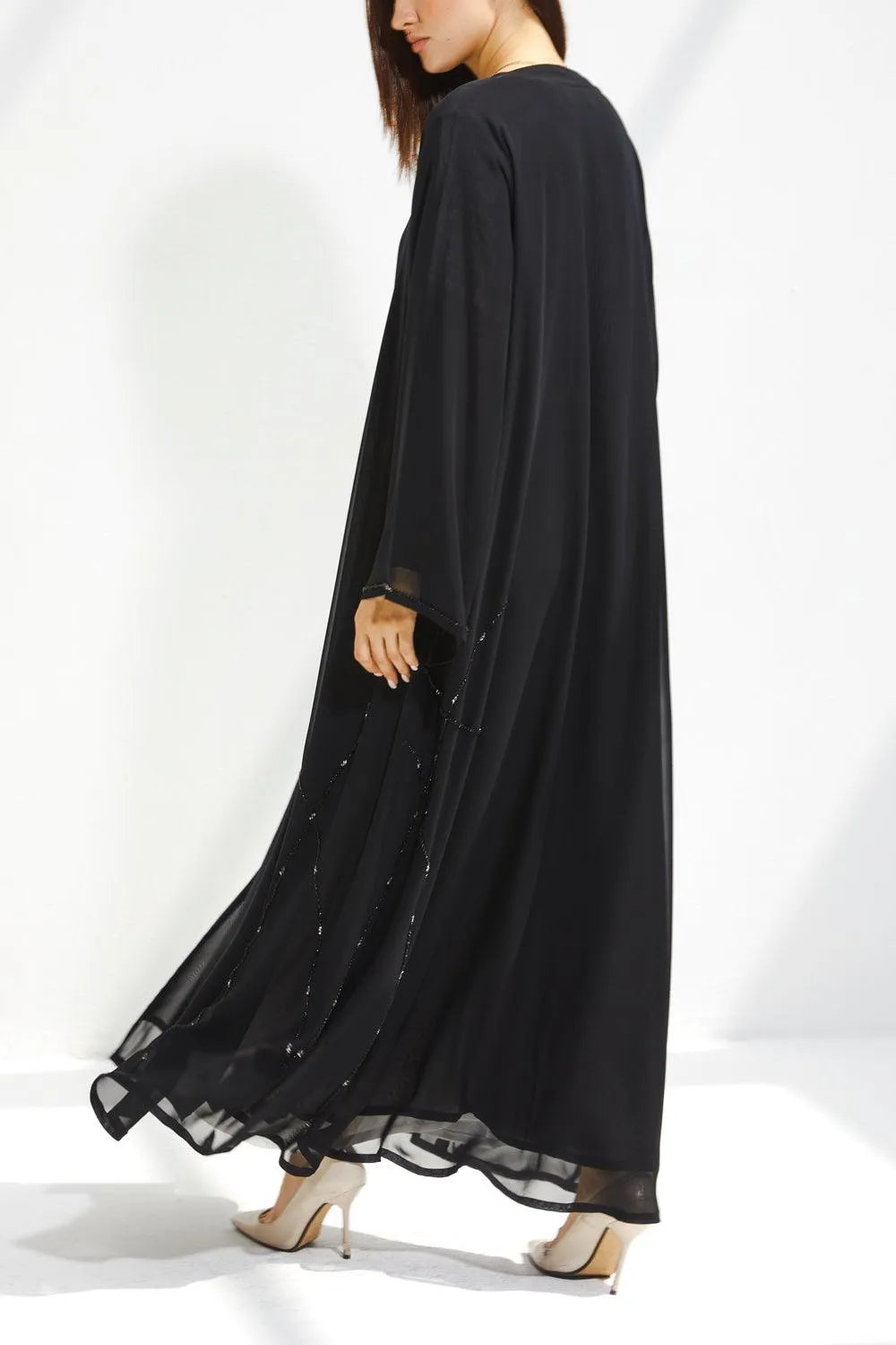 Black Chiffon Flared Custom Abaya with Side Black & Silver Beadwork - Posh Abaya