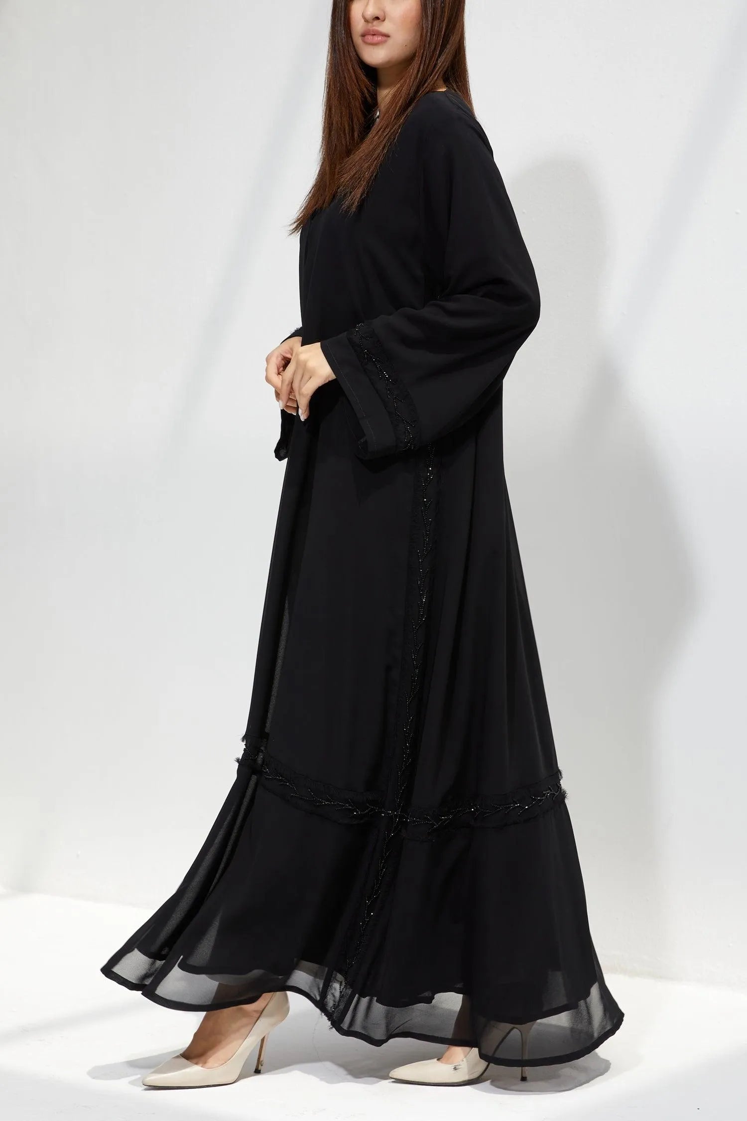 Black Chiffon Flared Custom Abaya with Front Cut and Beadwork - Posh Abaya