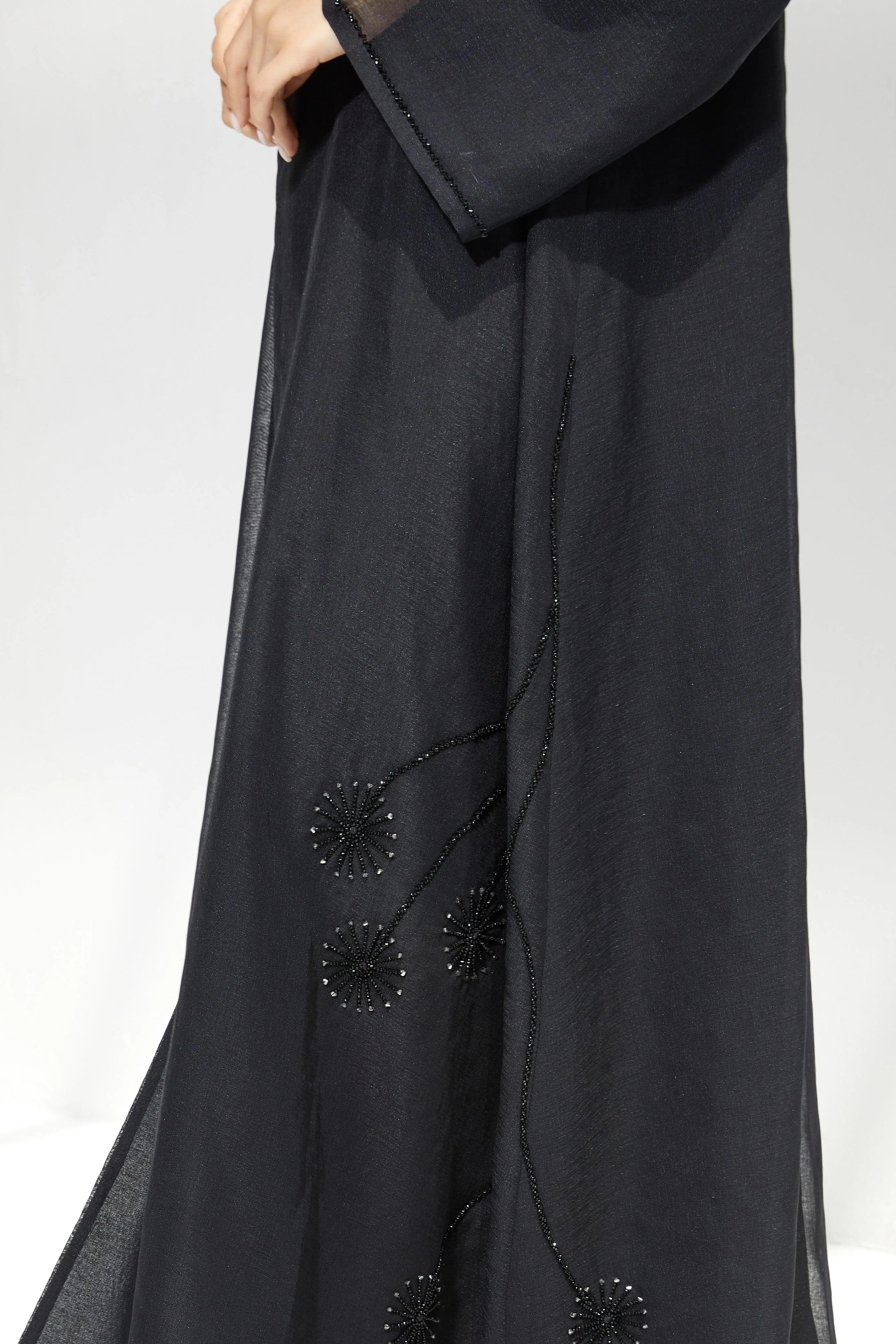 Black Organza Custom Abaya with Floral Beadwork - Posh Abaya