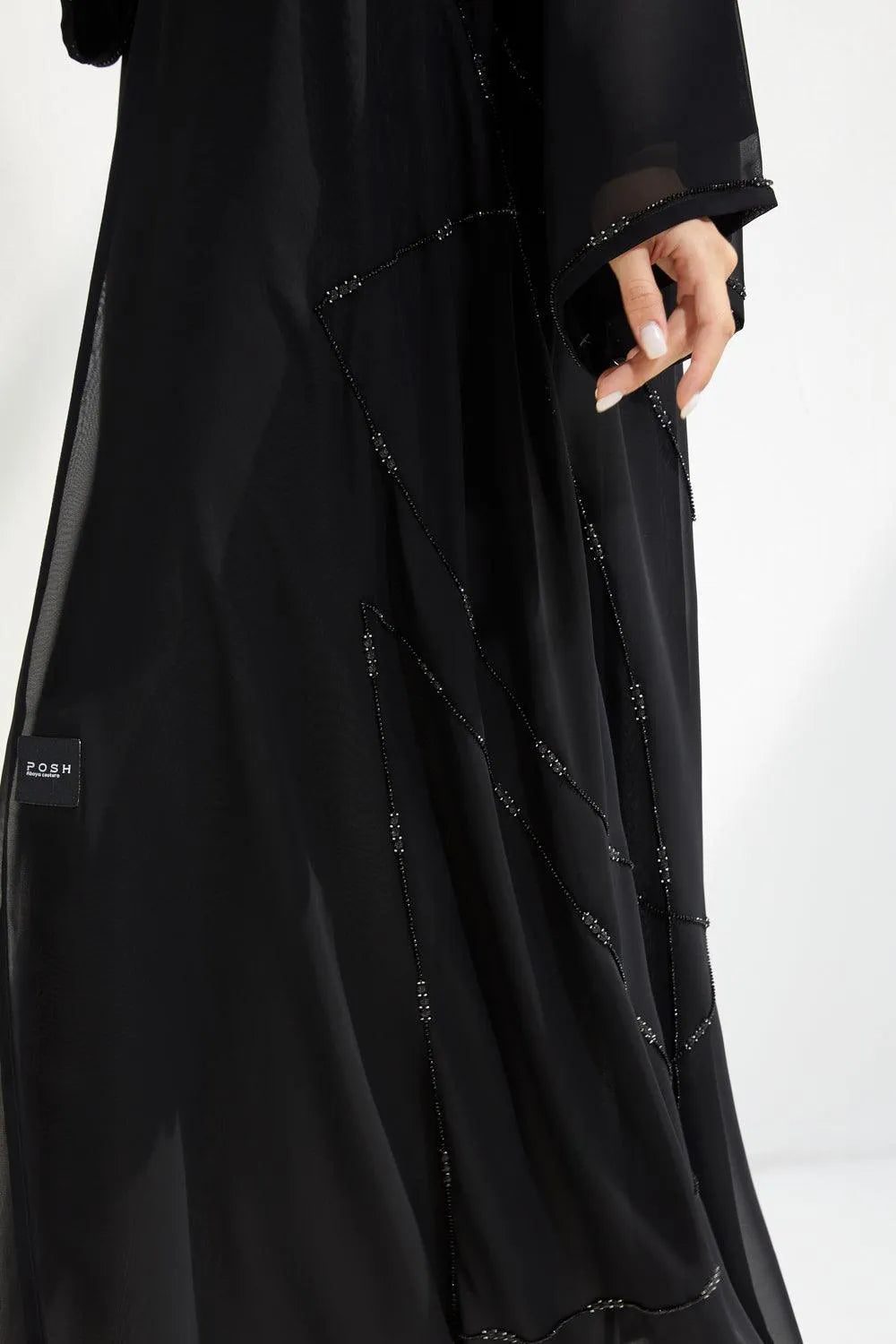 Black Chiffon Flared Custom Abaya with Side Black & Silver Beadwork - Posh Abaya