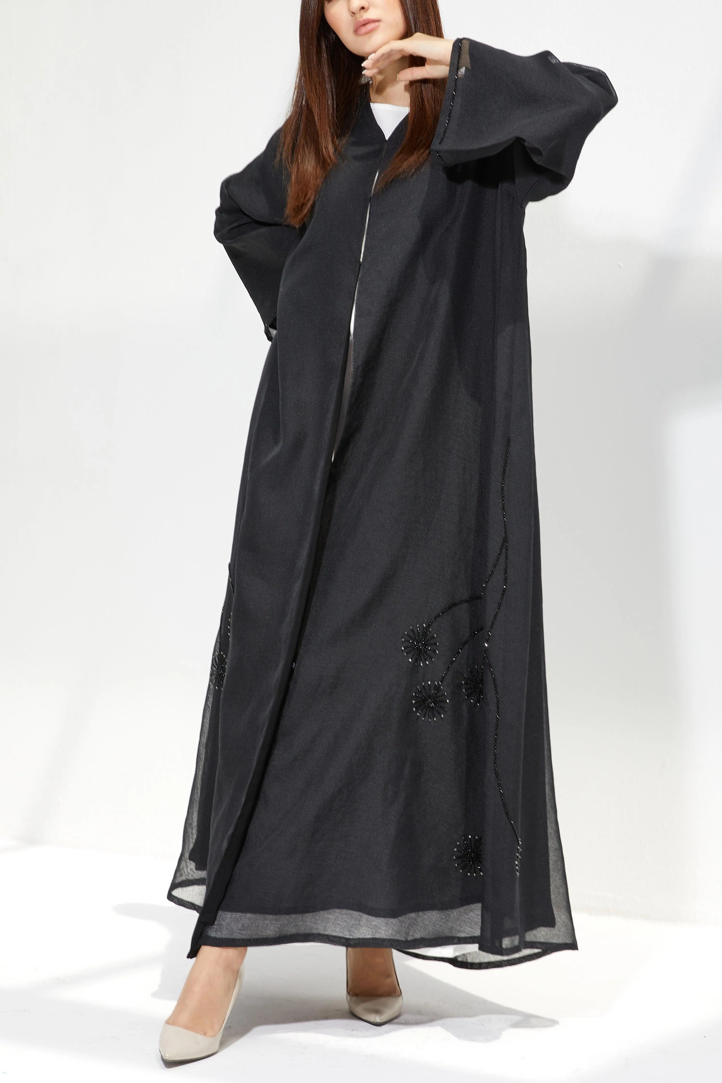 Black Organza Custom Abaya with Floral Beadwork - Posh Abaya