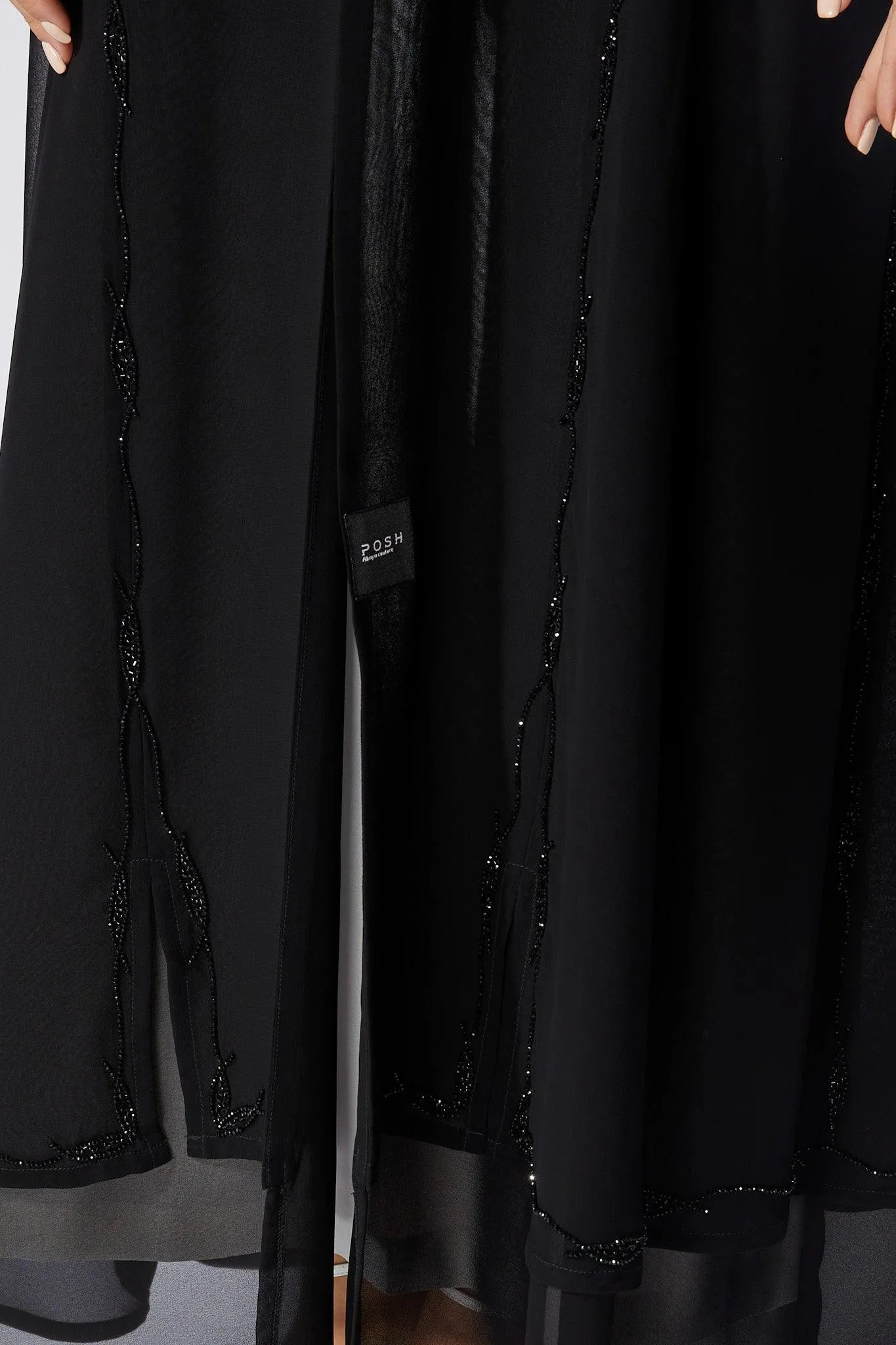 Black Chiffon Custom Abaya with Front Lines Beadwork - Posh Abaya