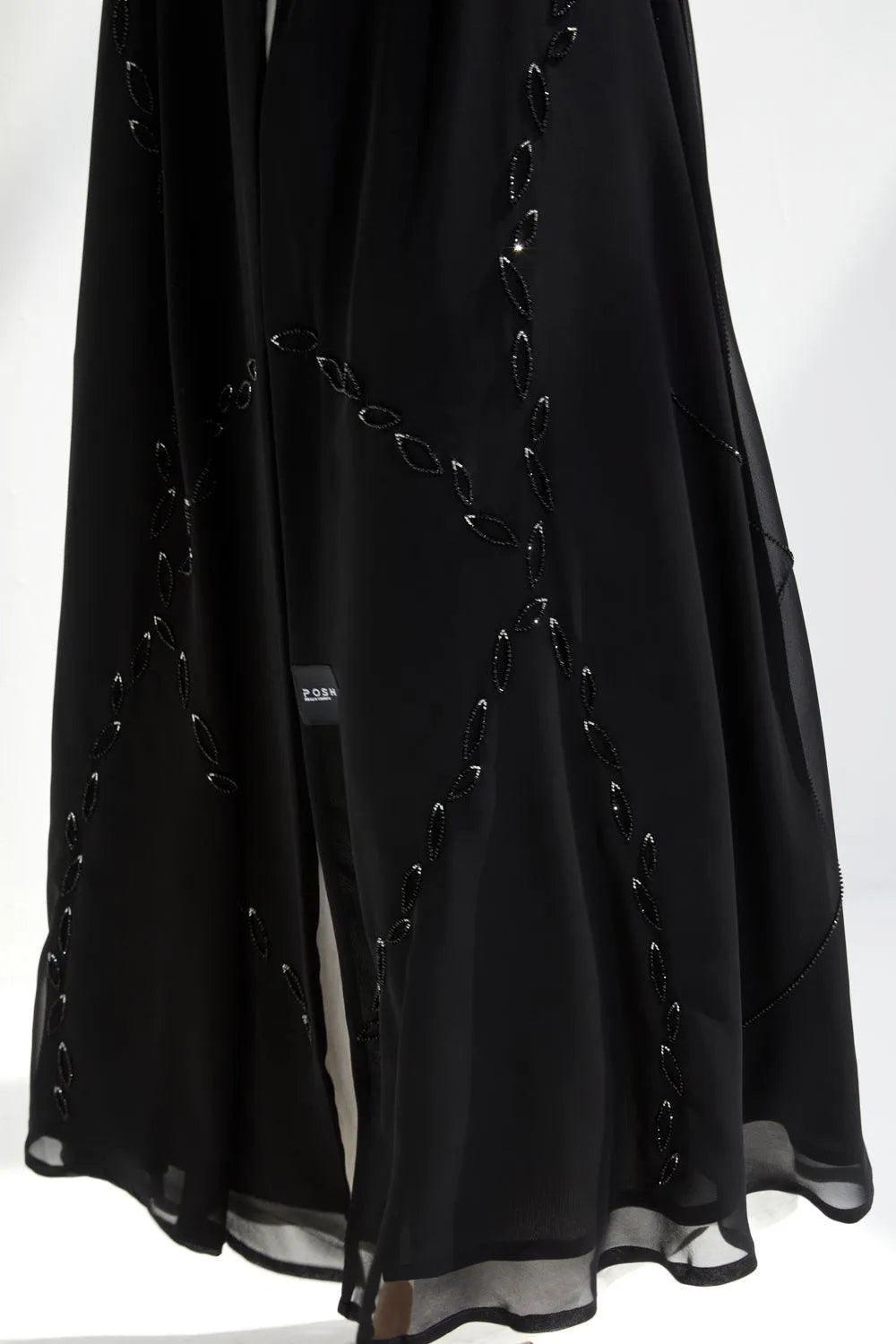 Black Chiffon Custom Abaya with Front Abstract Petals Beadwork - Posh Abaya