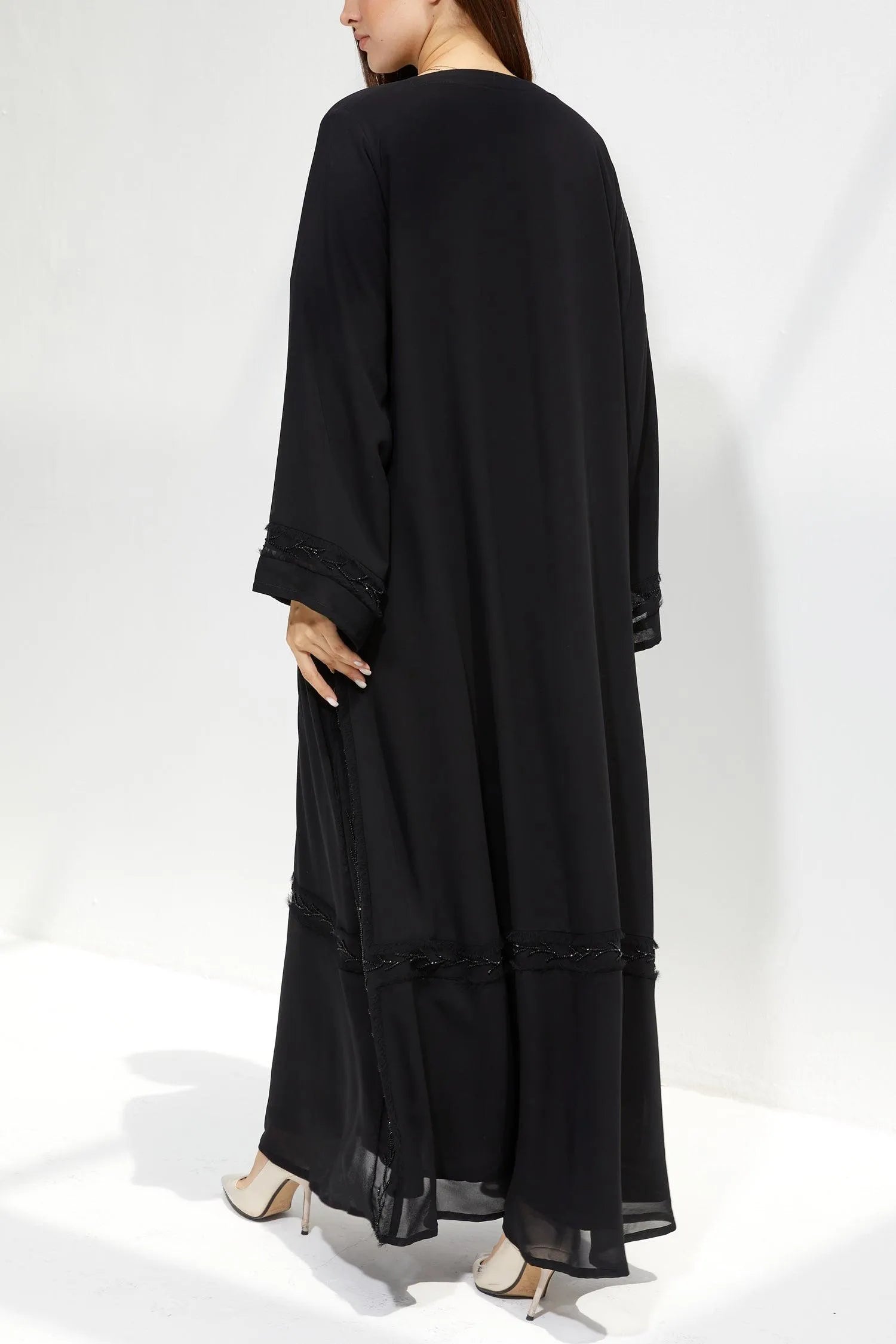Black Chiffon Flared Custom Abaya with Front Cut and Beadwork - Posh Abaya