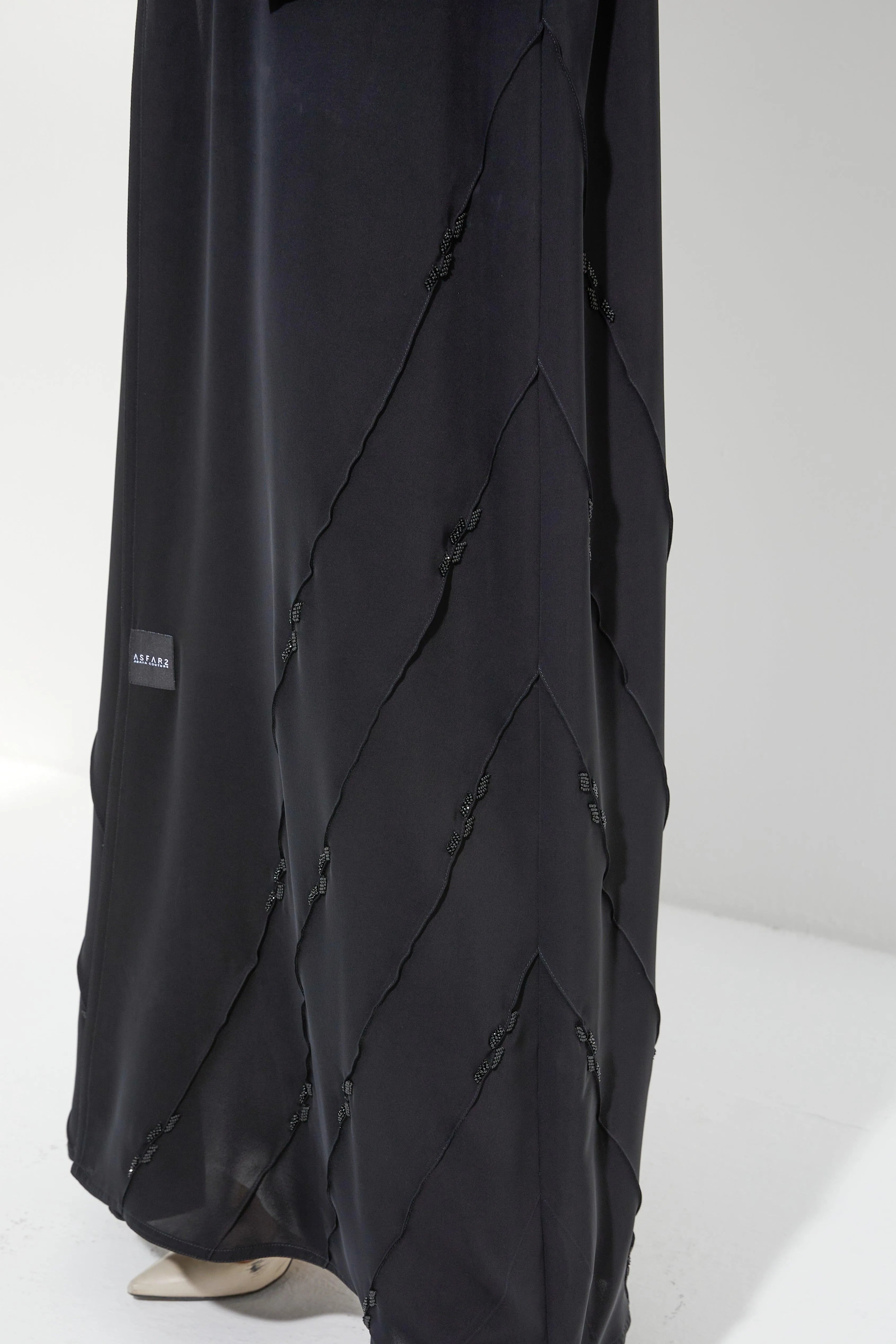 Black Nada Flared Custom Abaya with Side Pintux and Simple Beadwork - Posh Abaya