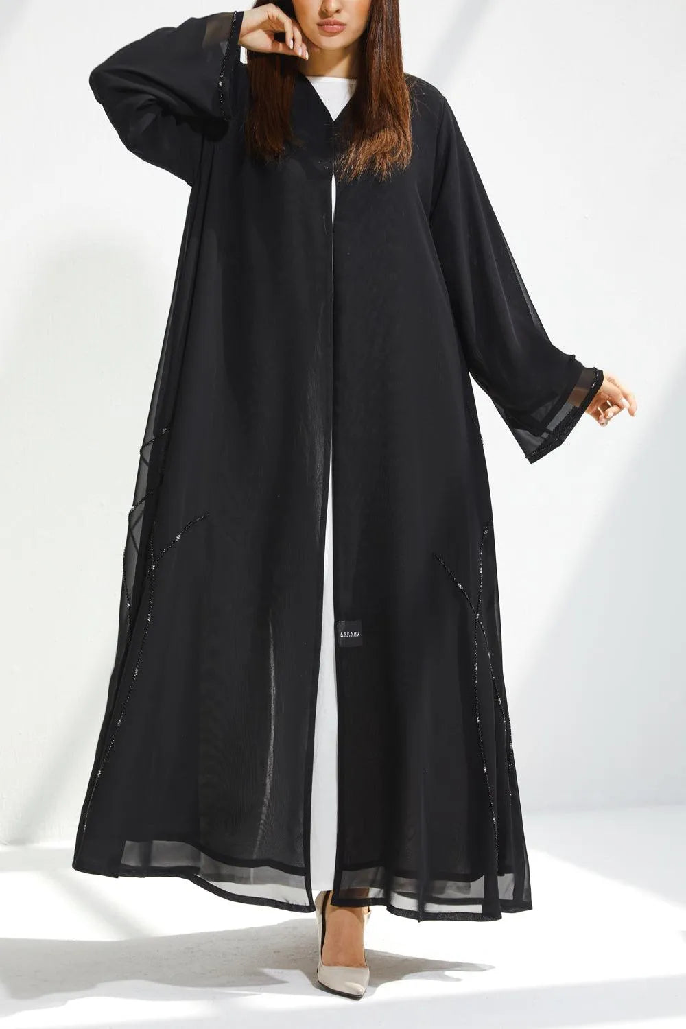 Black Chiffon Flared Custom Abaya with Side Black & Silver Beadwork - Posh Abaya