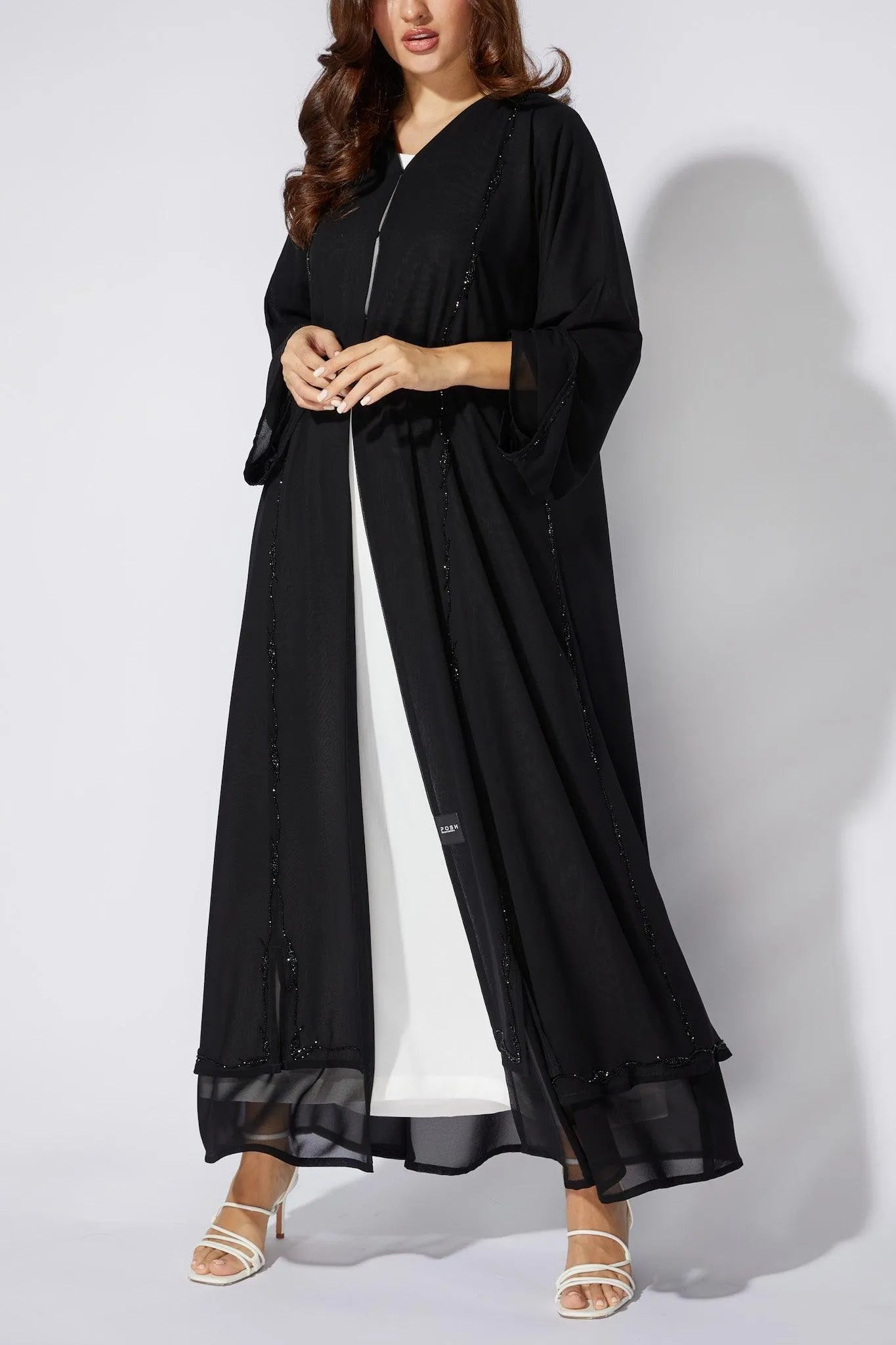 Black Chiffon Custom Abaya with Front Lines Beadwork - Posh Abaya