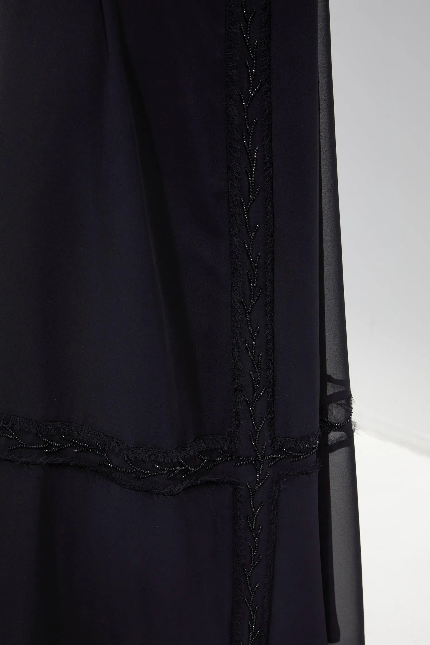 Black Chiffon Flared Custom Abaya with Front Cut and Beadwork - Posh Abaya