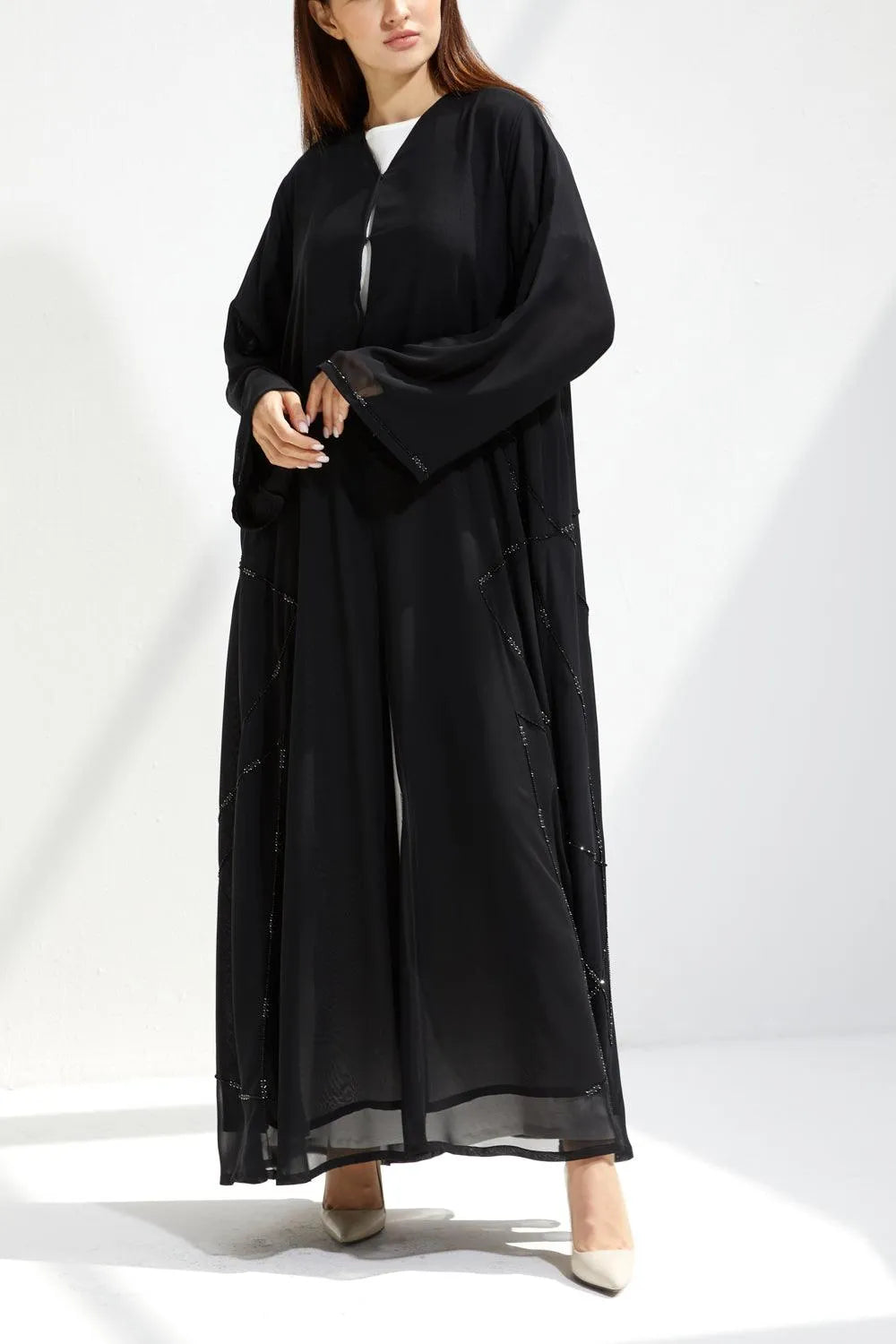 Black Chiffon Flared Custom Abaya with Side Black & Silver Beadwork - Posh Abaya