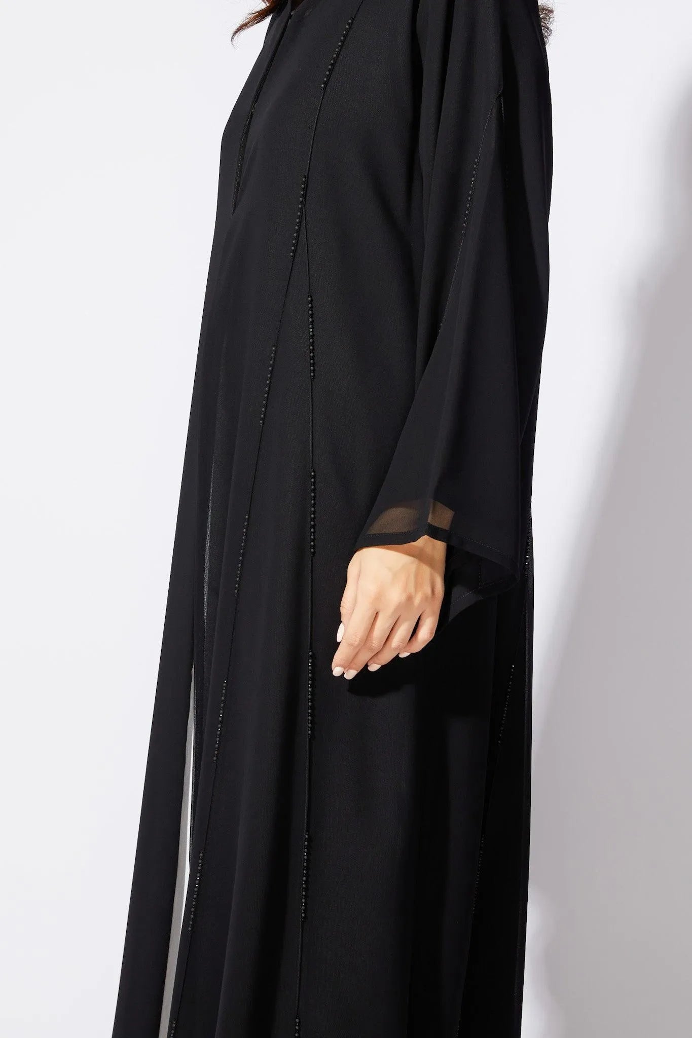 Black Chiffon Flared Custom Abaya with Beaded Pintux - Posh Abaya