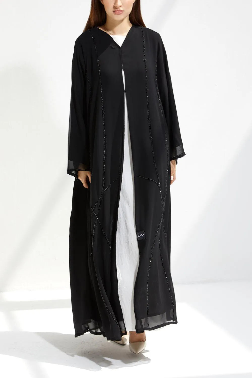 Black Chiffon Custom Abaya with Abstract Beadwork - Posh Abaya