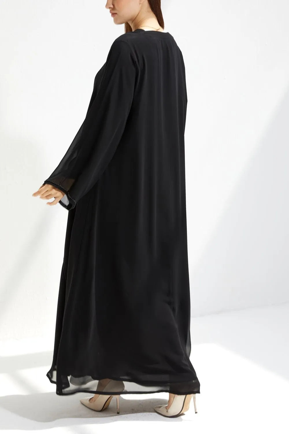 Black Chiffon Custom Abaya with Abstract Beadwork - Posh Abaya