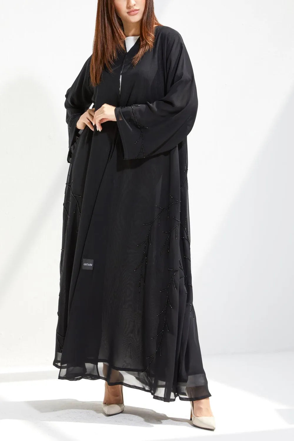 Black Chiffon Flared Custom Abaya with Semi-floral Beadwork - Posh Abaya