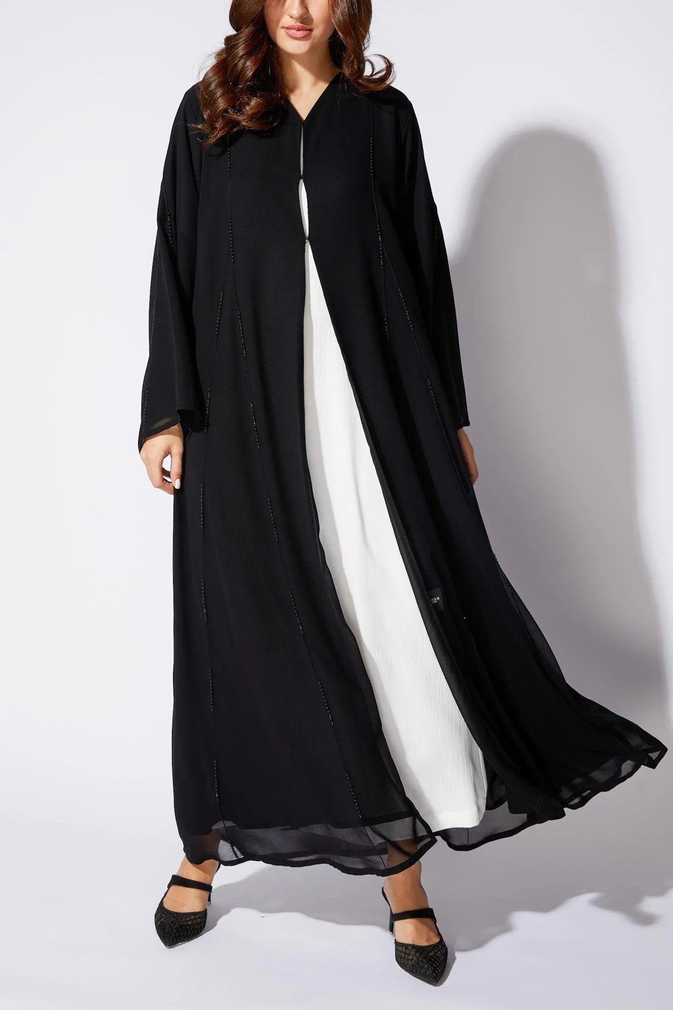 Black Chiffon Flared Custom Abaya with Beaded Pintux - Posh Abaya